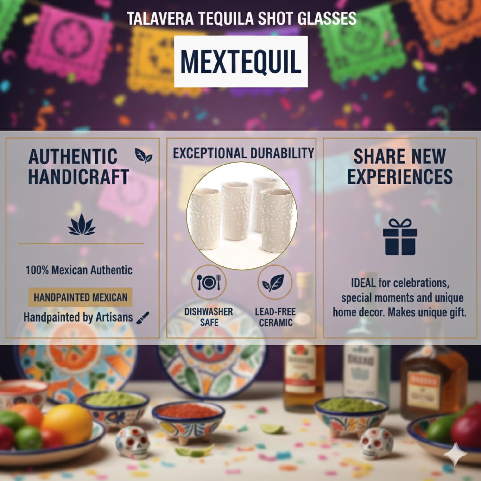 Talavera - Juego de 4 vasos de chupito auténticos de tequila mexicano, pintados a mano, 56.7 g (encaje blanco)