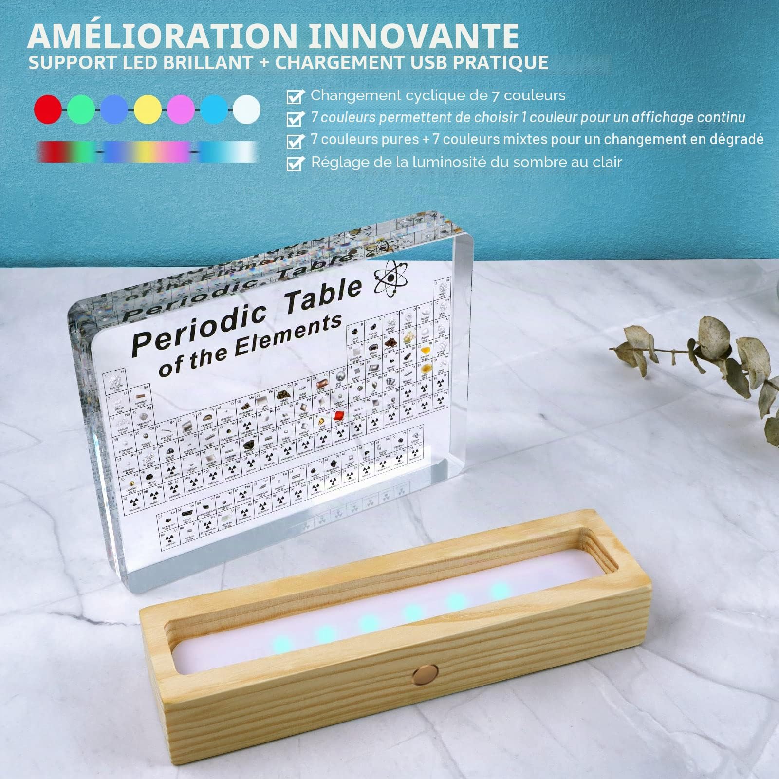 Jeebel Tableau Périodique des Éléments Réels, Tableau Periodique en Acrylique de Lampe Table LED avec Élément Vrai pour Outil Enseignement/Affichage Elements Chimiques pour Enseignant Étudiant Enfant