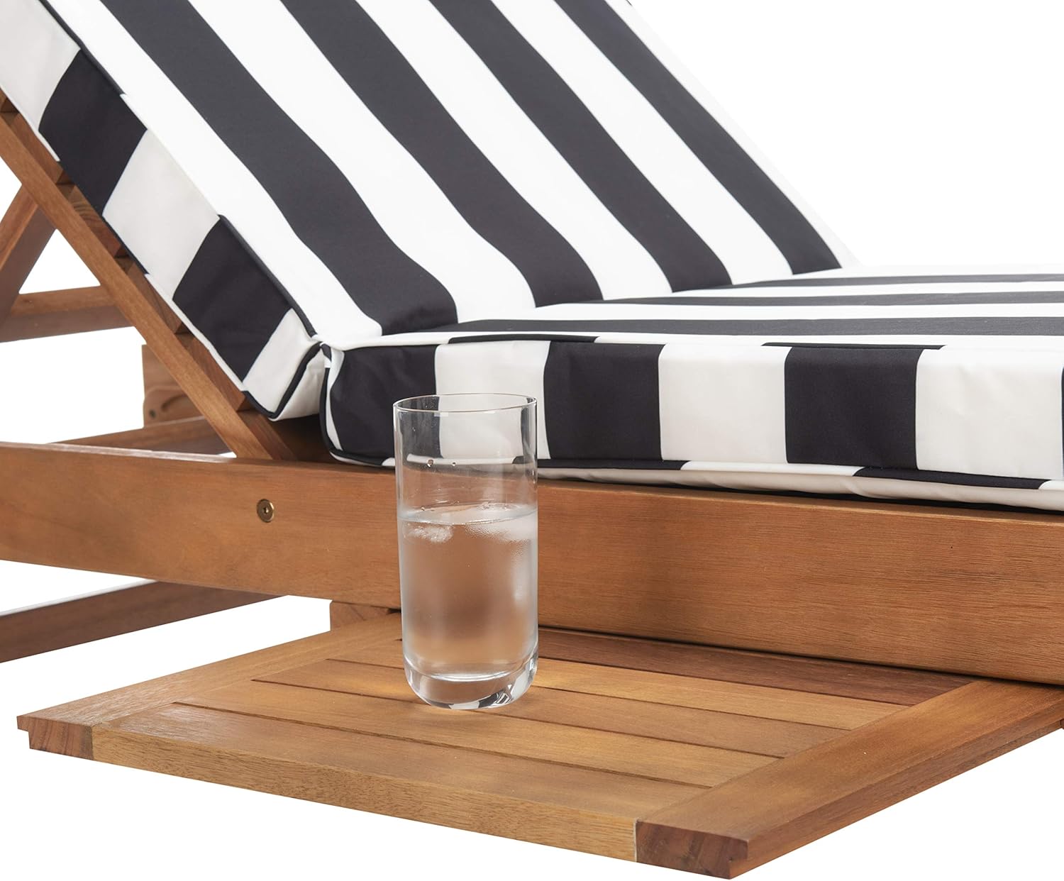 SAFAVIEH Outdoor Collection Newport Natural/ Black & White Stripe Cushion Built-in Side Table Adjustable Chaise Lounge Chair