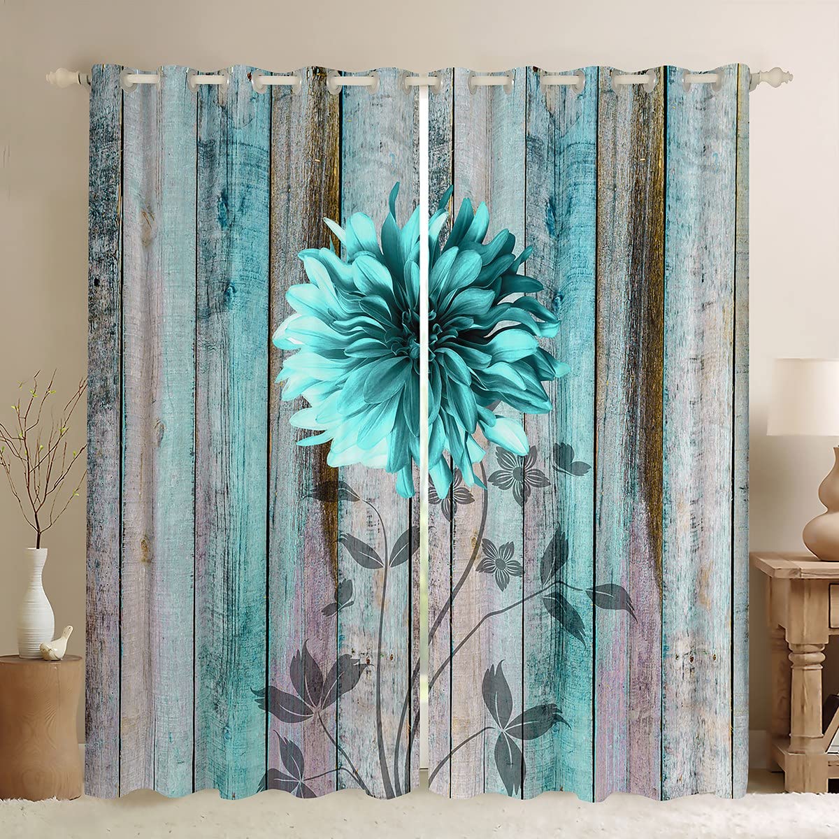 Blue Floral Comforter Botanical Floral Cover Set Wooden Texture Window Curtains for Bedroom Living Room for Kids Boys Girls Curtains Ultra Soft Window Treatments W52*L63 — image 1