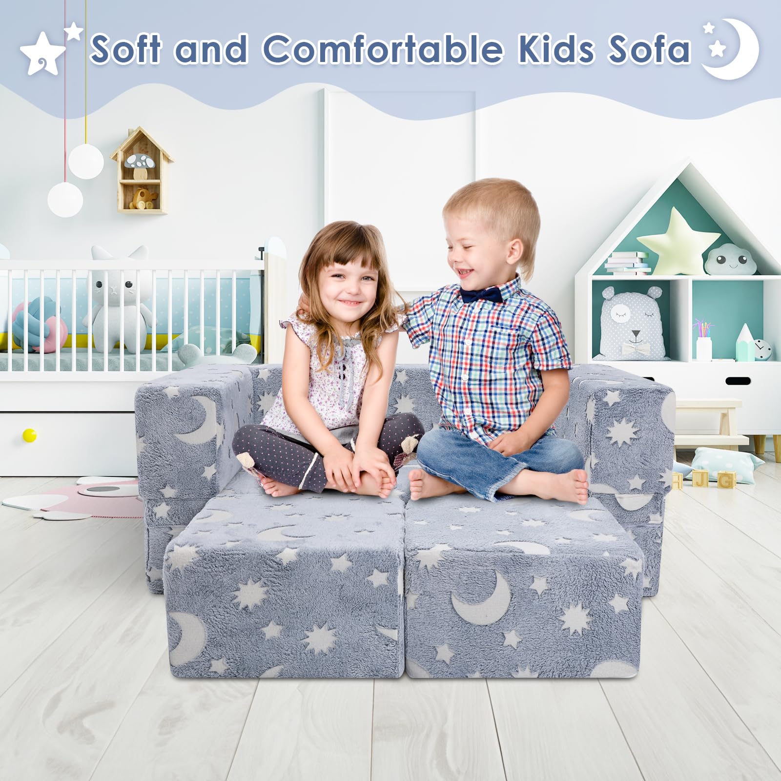 Canapé Enfant 3 En 1 Convertible Licorne Phosphorescente - Fauteuil Lit Et Tapis De Jeu