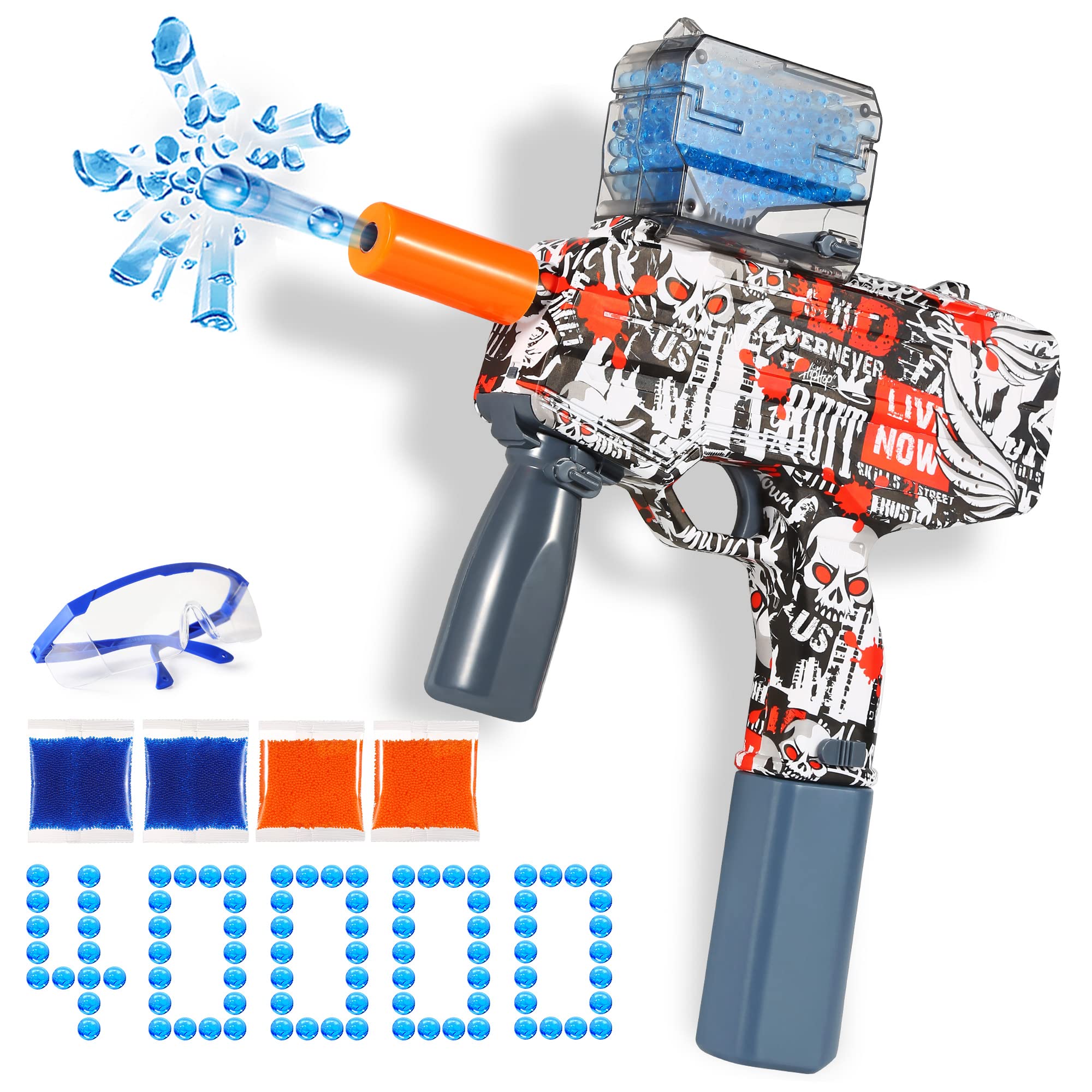 Splatter Ball Gun, Rechargeable Electric Automatic Gel Blaster, Range 100 Feet, 40,000 7.5 mm Gel Gun Ammo, Water Bead Gun, Toy Water Gun MP9 with Goggles for Shooting Team Game, 12+