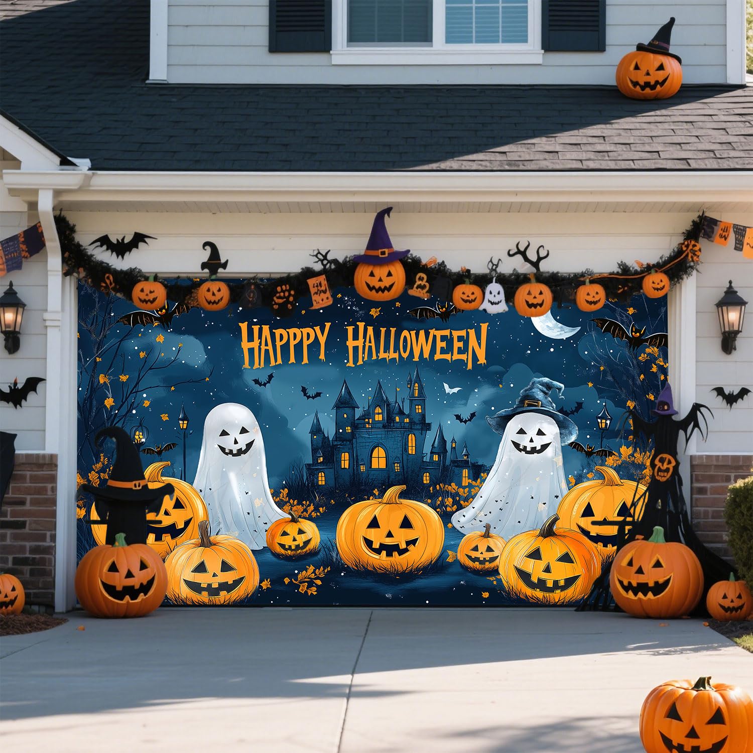 Décoration de garage Halloween grand format 2,1 x 4,9 m bannière murale extérieure spooky