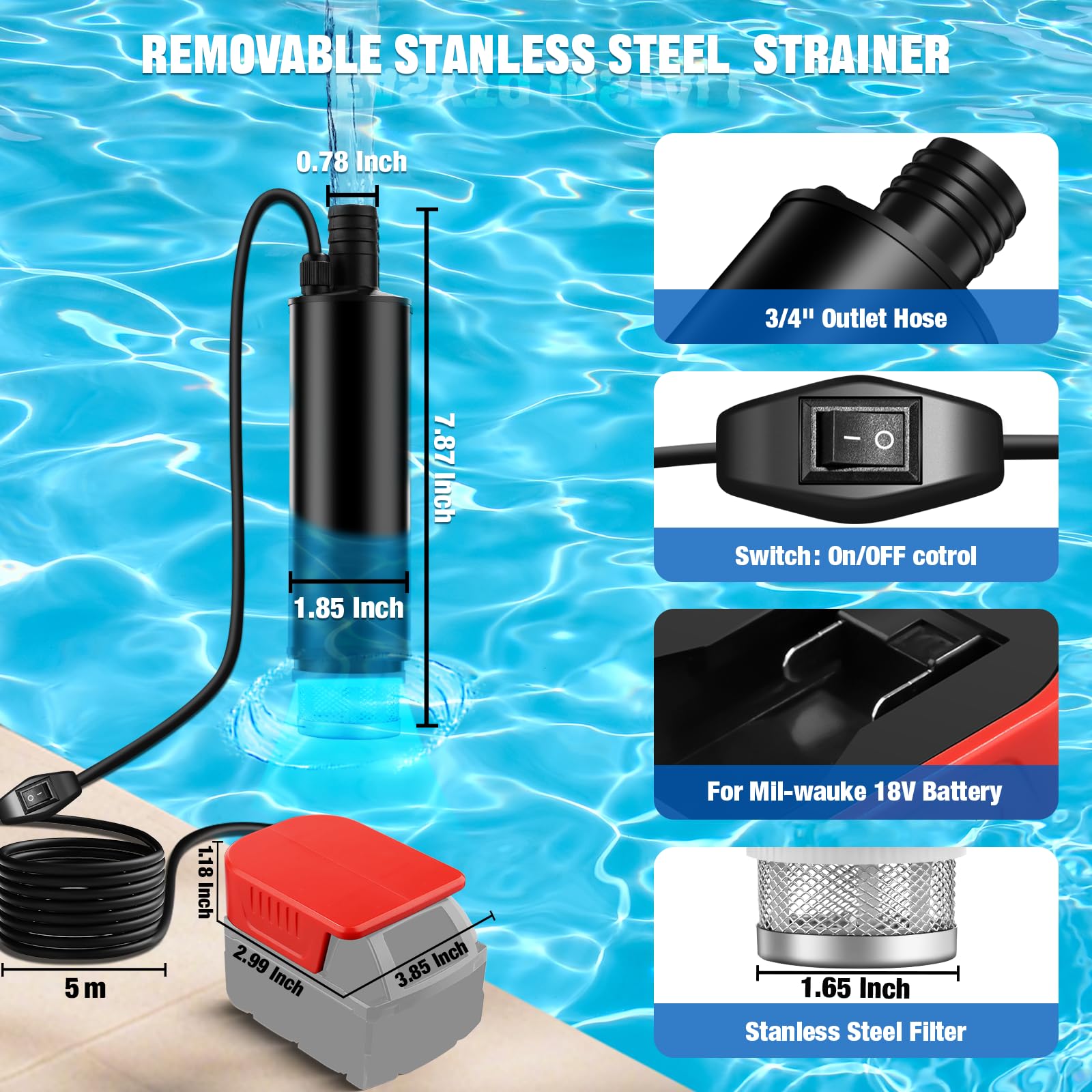 Bomba sumergible inalámbrica compatible con batería Milwaukee M18V (sin batería), 100 W, 635 GPH, bomba de sumidero portátil sin escobillas con manguera de 1 m, bomba de agua para piscina, jacuzzi