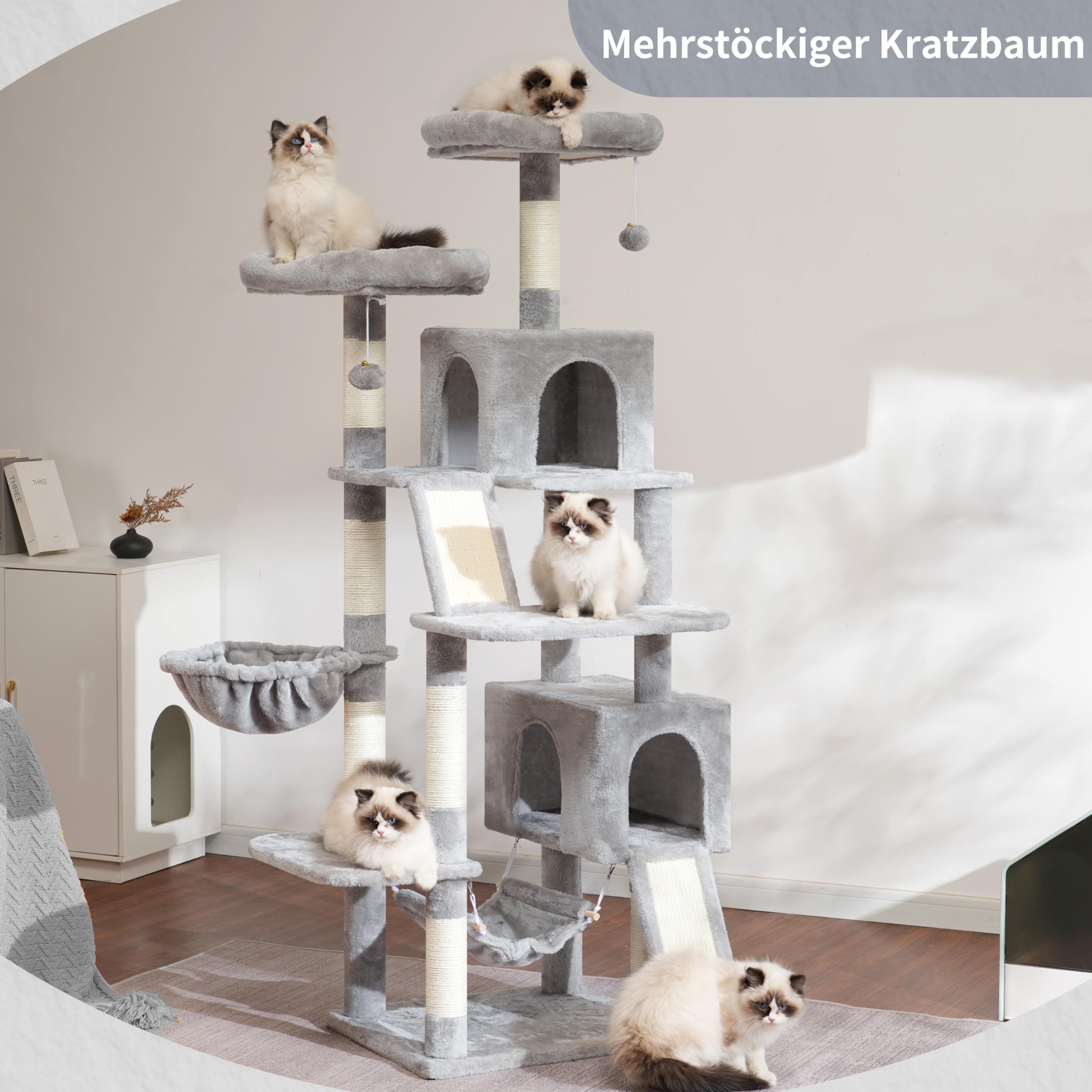 Gitelsnour Kratzbaum, Katzenbaum für Innenbereich, 180cm Katzenkratzbaum mit große ausgewachsene Katzen, 2 Kratzbrettern, 7 kratzbaume, 2 Plüsch-Plattformen, 2 Katzenhöhlen, Hellgrau GCT032W