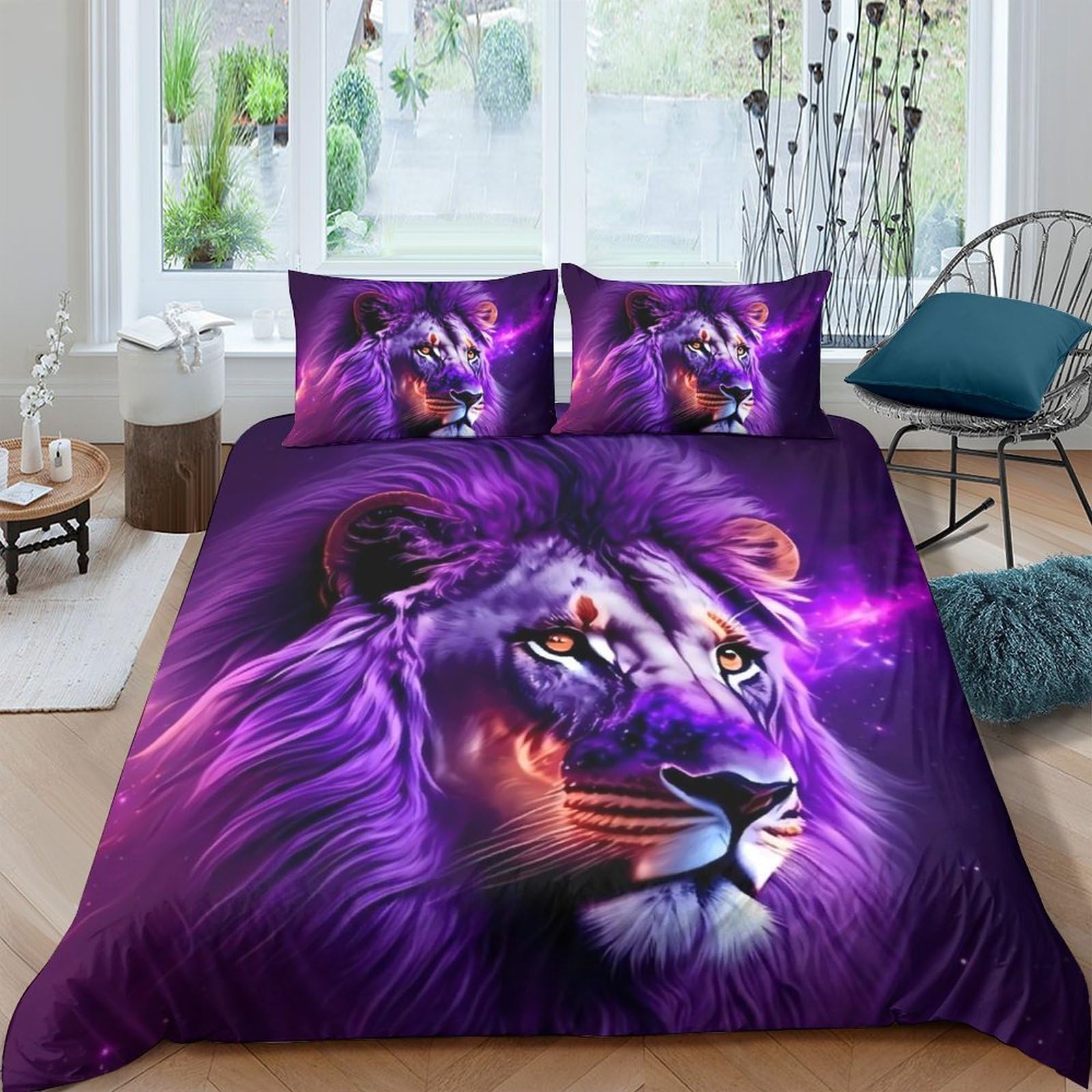 3D Printed Purple Lion Duvet Cover Microfiber Soft Breathable Cosmic Wild Bedding Set with 2 Pillowcases for Bedroom Decor Single（135x200cm）