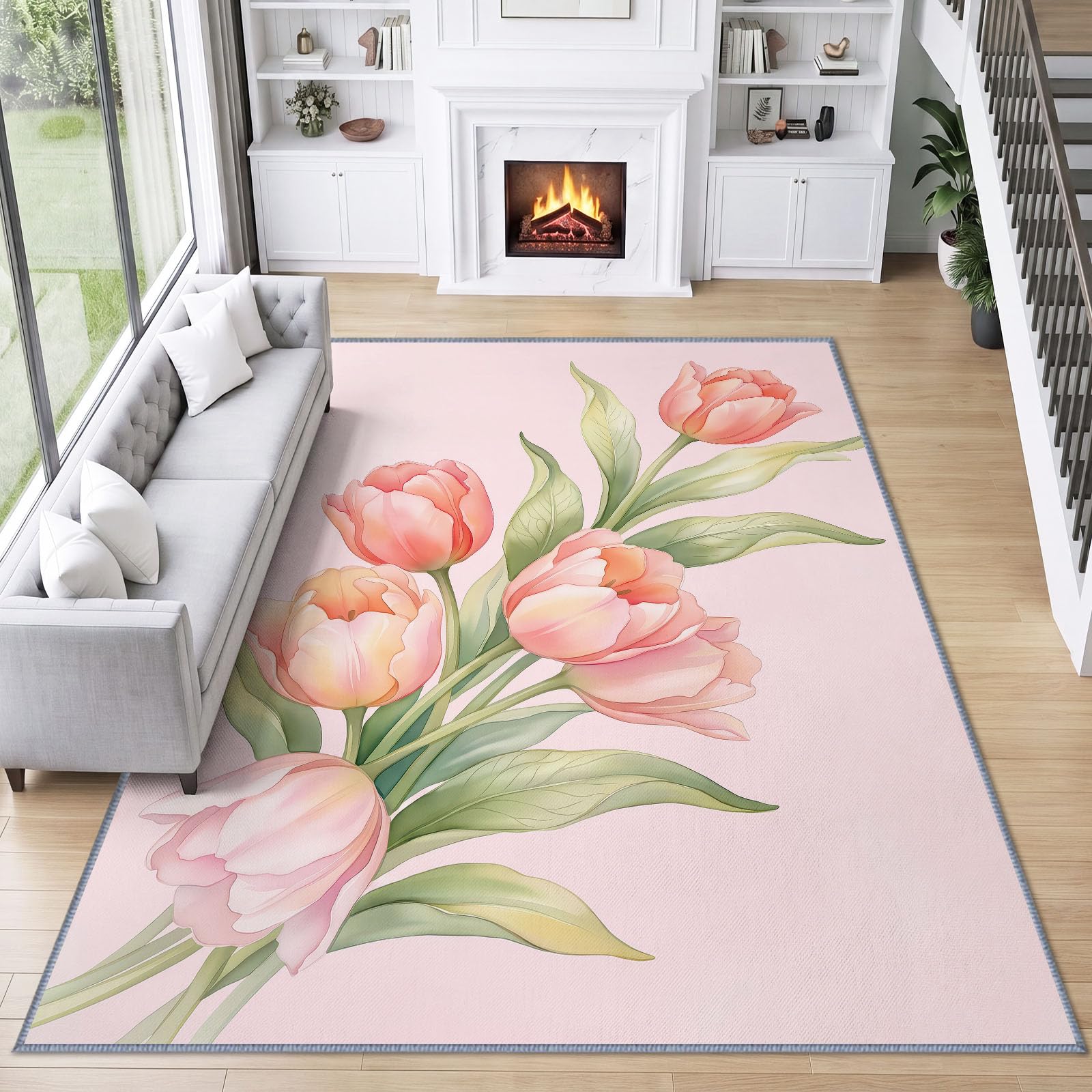 Generisch Floral Tulpe Waschbarer Teppich Wohnzimme 160x230 cm, Weich Kurzflor rutschfest Elegant Natur Kunst Teppich für Schlafzimmer Esszimmer Büro