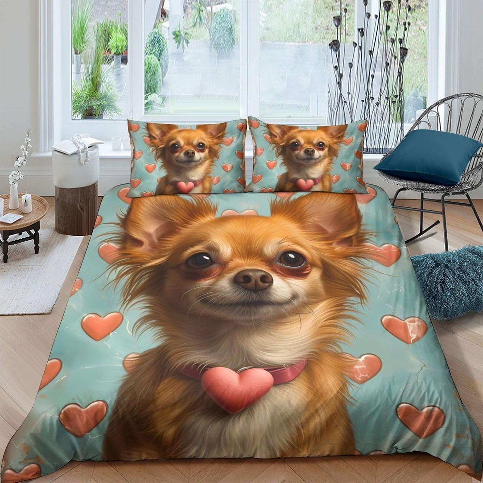 Ctjqhvkz Style-8 3D Printed Cute Chihuahua Fitted Sheet Microfiber Anti-Slip Heart Bed Cover For Bedroom Guest Room Home Decor Single（135X200cm）