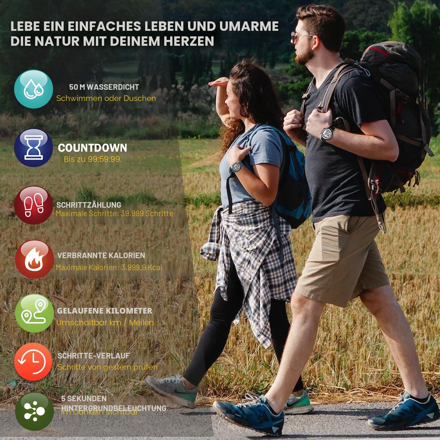 Sport Wasserdicht Schrittzähler Uhr zum Gehen Kein Aufladen Keine App Verbindung Mit EL Hintergrundbeleuchtung Einfache, Praktische Wahl Für Mobile-Free Fitness Enthusiasten TIMEURE-2308