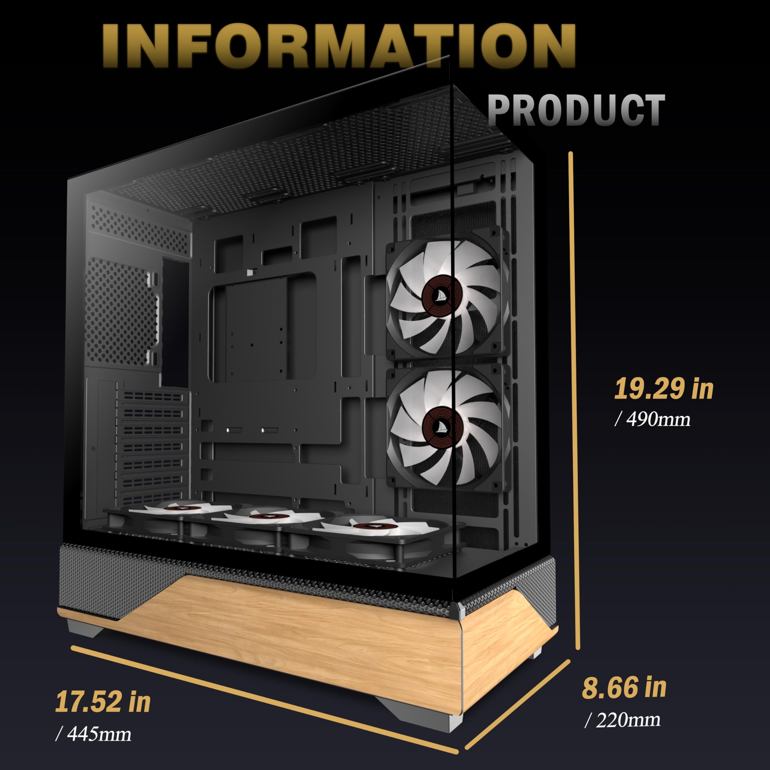 KEDIERS PC Gehäuse Vorinstallierter 5 × 120MM Schwarz Lüfter, ATX Mid Tower PC Gehäuse, Computergehäuse mit Panoramaaussicht Gehärtetes Glas Front Panel,Schwarz/Walnussholz,Neue P6-Version