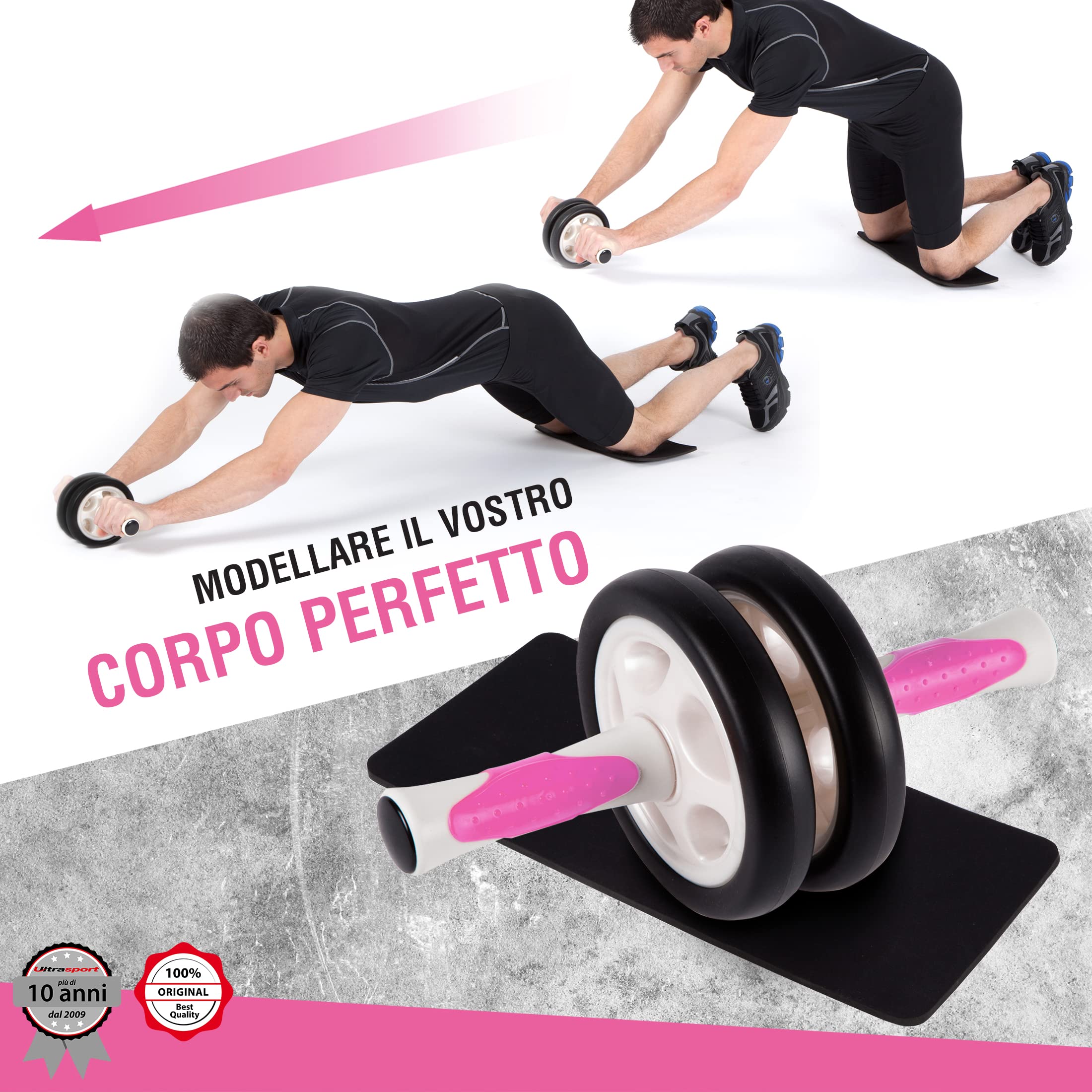 Ultrasport Addominale Allenatore AB roller, incl. tappetino ginocchia, allenamento per uomini e donne Rullo per muscoli addominale con multifunzione, anche per anziani, trainer pieghevole salvaspazio