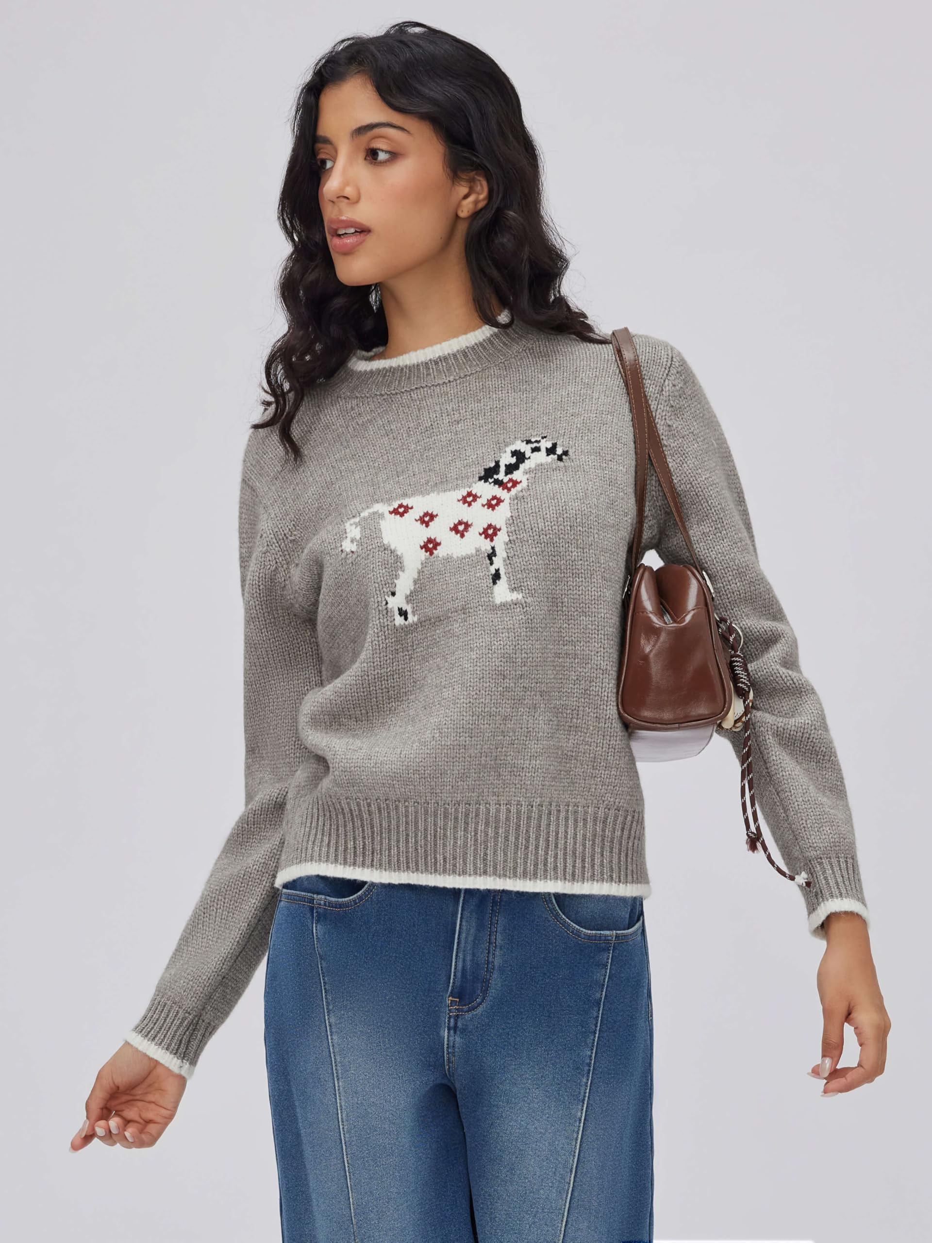 CIDER Damen-Pullover für den Herbst, langärmelig, niedlich, Bären-Grafik, Rundhalsausschnitt, weicher Strick, lässiger Cropped-Pullover