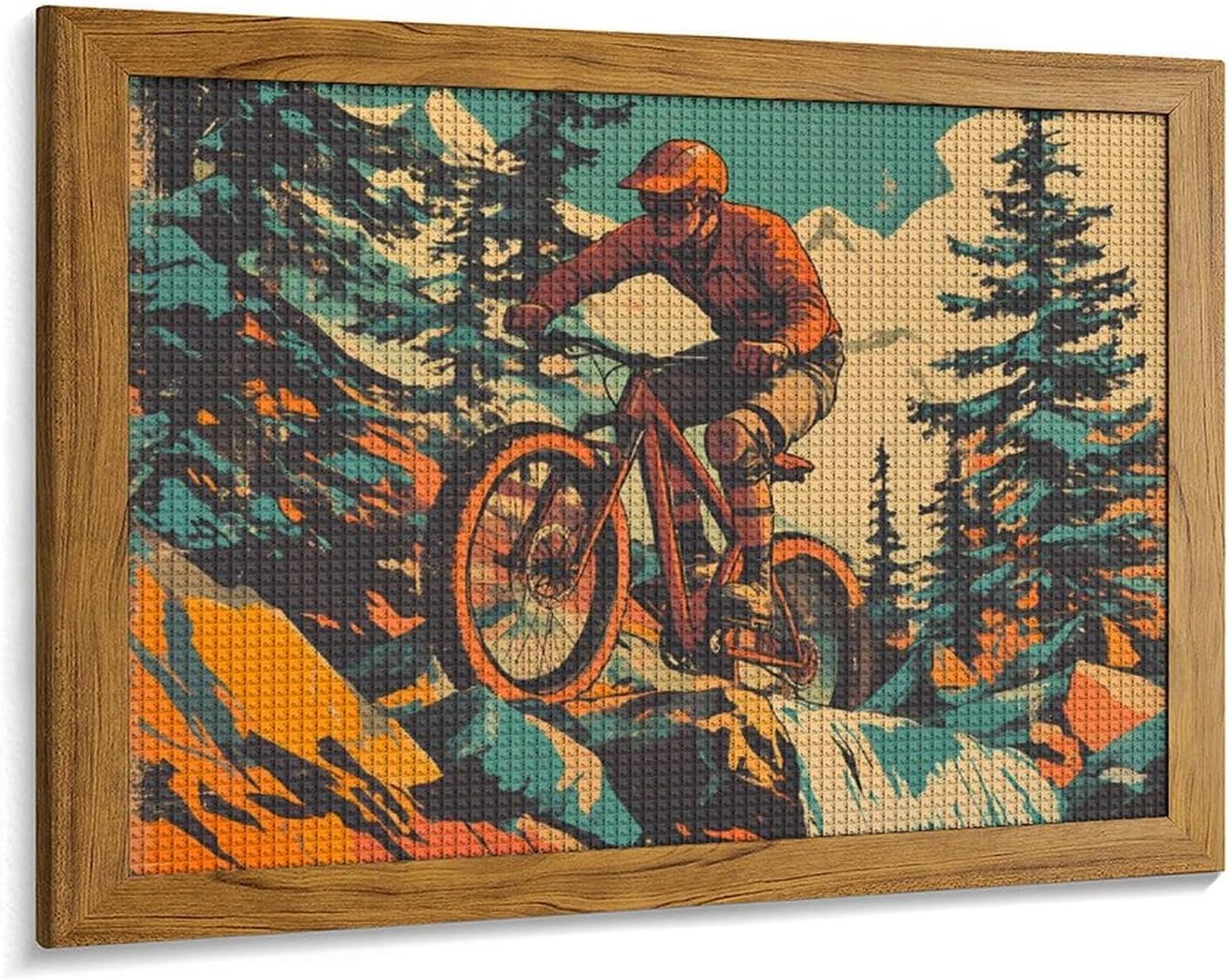 Vintage Mountain Biker Cycling Printed Diamond 5D Painting Kits DIY Full Drill Crafts for Home Wall Decor 16x20 Inch Yellow Wood 50 * 40cm