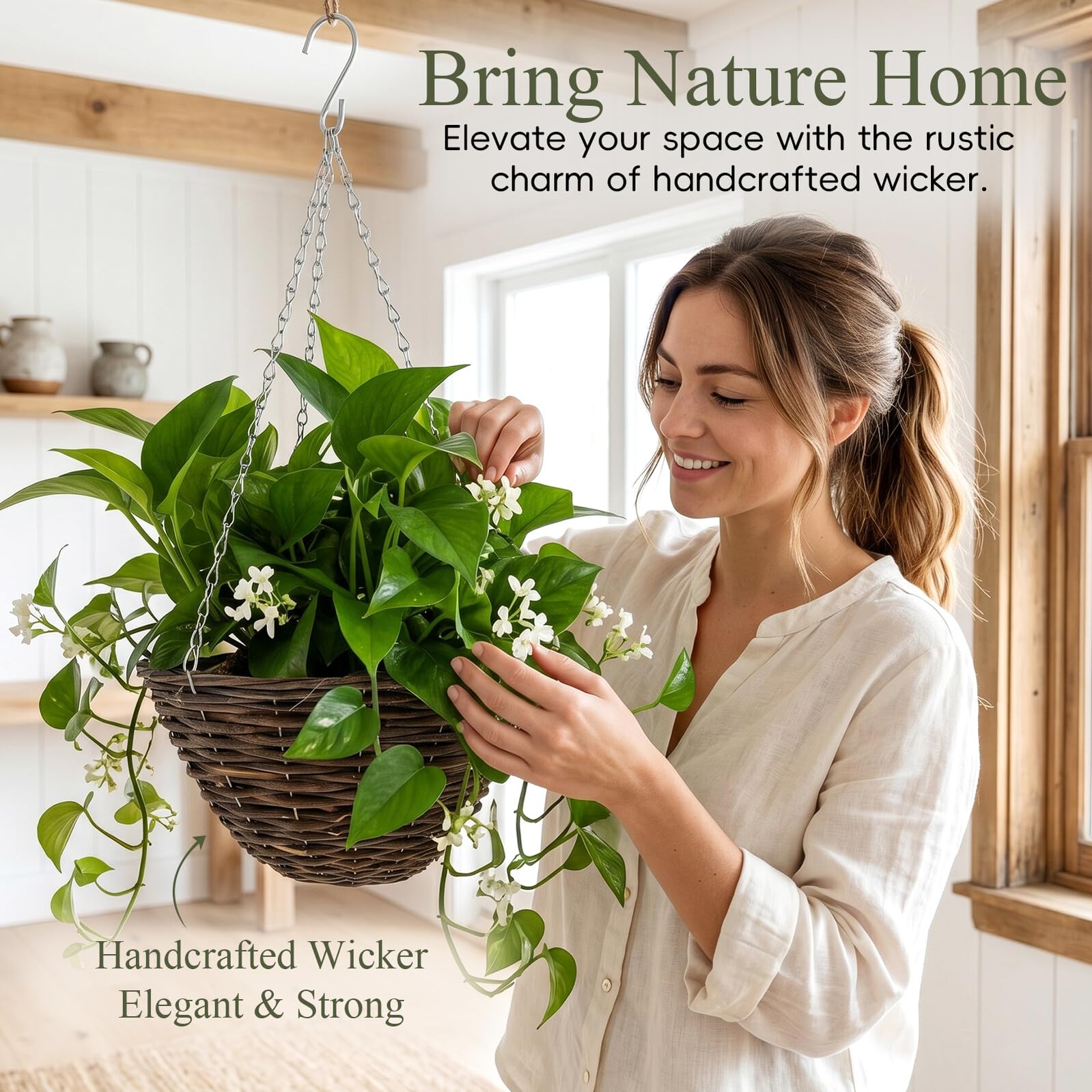Set 2 Pezzi Vasi Sospesi per Piante in Rattan Fatti a Mano, Portavasi da Balcone Eleganti e Resistenti in Metallo per Fiori e Piante Grasse, per Finestre e Balconi