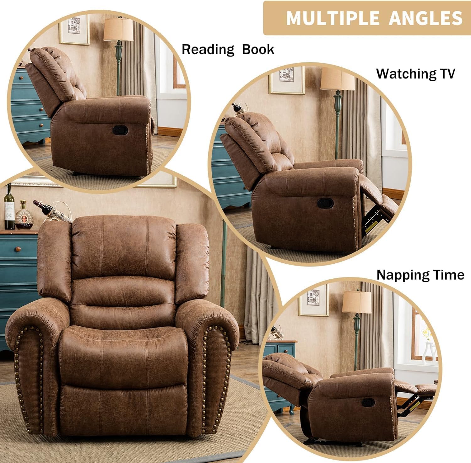 Oakcraft Suede Leather Recliner Chair for Adults, Massage Fabric Small Recliner Home Theater Seating with Lumbar Support, Adjustable Modern Reclining Chair with Padded Seat Backrest for Living Room Oakcraft Suede Leather Recliner Chair for Adults, Massage Fabric Small Recliner Home Theater Seating with Lumbar Support, Adjustable Modern Reclining Chair with Padded Seat Backrest for Living Room
