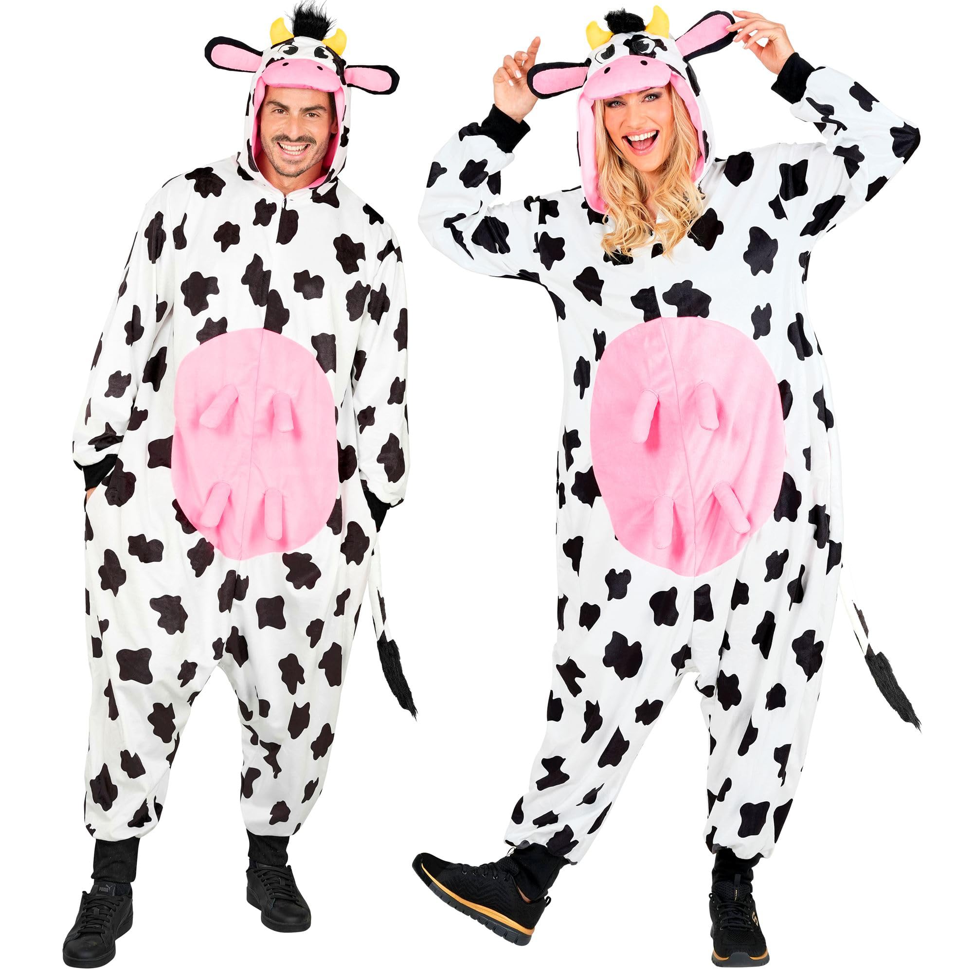 W WIDMANN MILANO Party Fashion - Cow Jumpsuit for Adults, Black and White Plush Jumpsuit with Hood, Animal Costume for Carnival