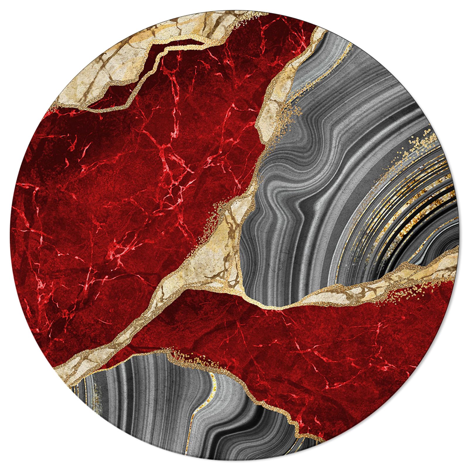 Marble Red Round Area Rugs Collection 5', Non Slip Indoor Circular Throw Runner Rug Floor Mat Carpet for Living Room Dining Table Bedroom Nursery Decor Modern Abstract Minimalist Grey Gold