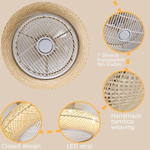 Miniatura 6 de Ayaoty Ventilador de techo bohemio de 20 pulgadas con luces de bambú tejido a mano, 3 modos de luz, ventiladores de techo empotrados, ventilador de