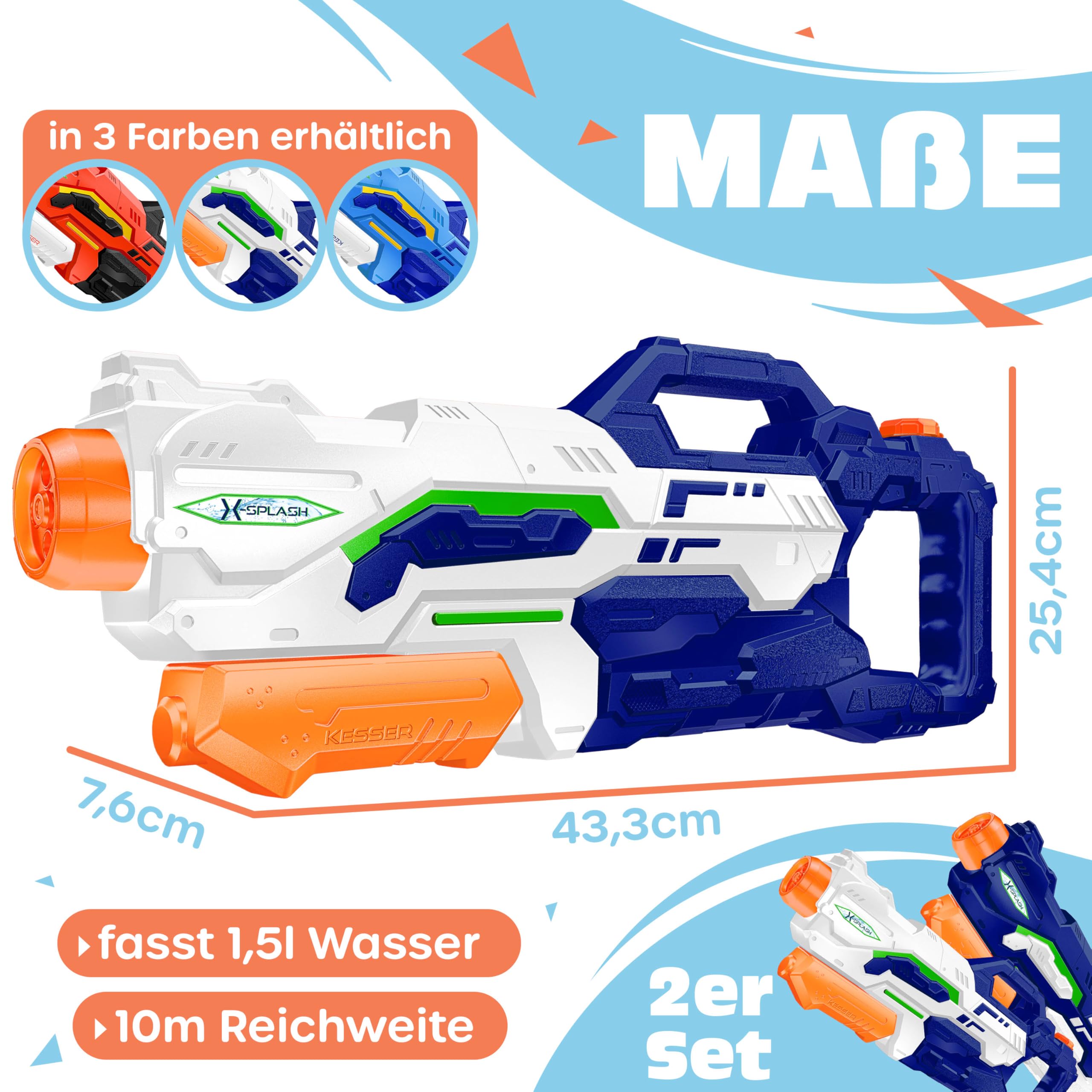 KESSER Set di 2 pistole ad acqua, pistola a spruzzo, portata 10 – 11 m, capacità 1500 ml, divertimento in acqua, giocattolo da spiaggia, per bambini e adulti