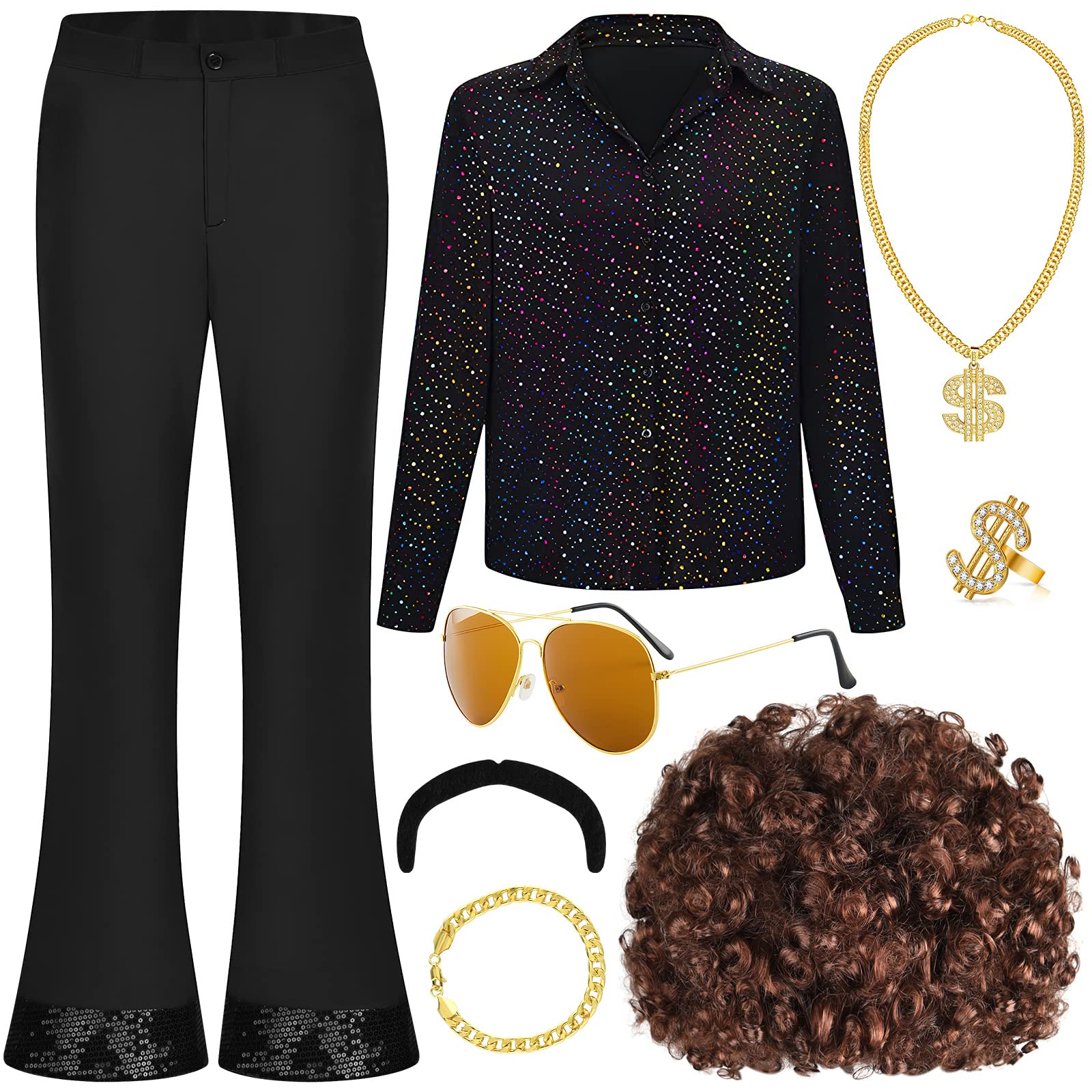 PLULON Hommes 70s Disco Costume Mec Chemise à Paillettes Cloche Bas Pantalon Ensemble avec Perruque Lunettes de Soleil Moustache Dollar Signe Chaîne Anneau Disco Accessoires