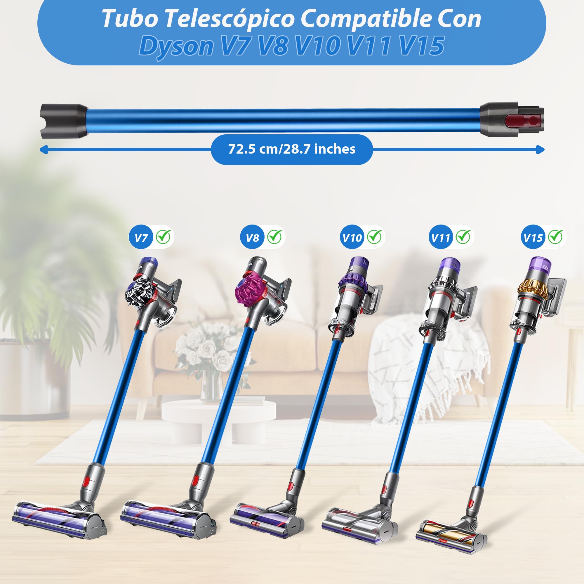 Tubo Telescópico Compatible con Dyson V7 V8 V10 V11 V15, Tubo de Extensión Rígido para Dyson V11, Tubo de Conexión de Liberación Rápida para Aspiradora Dyson con Dos 2 en 1 Cepillos, Azul