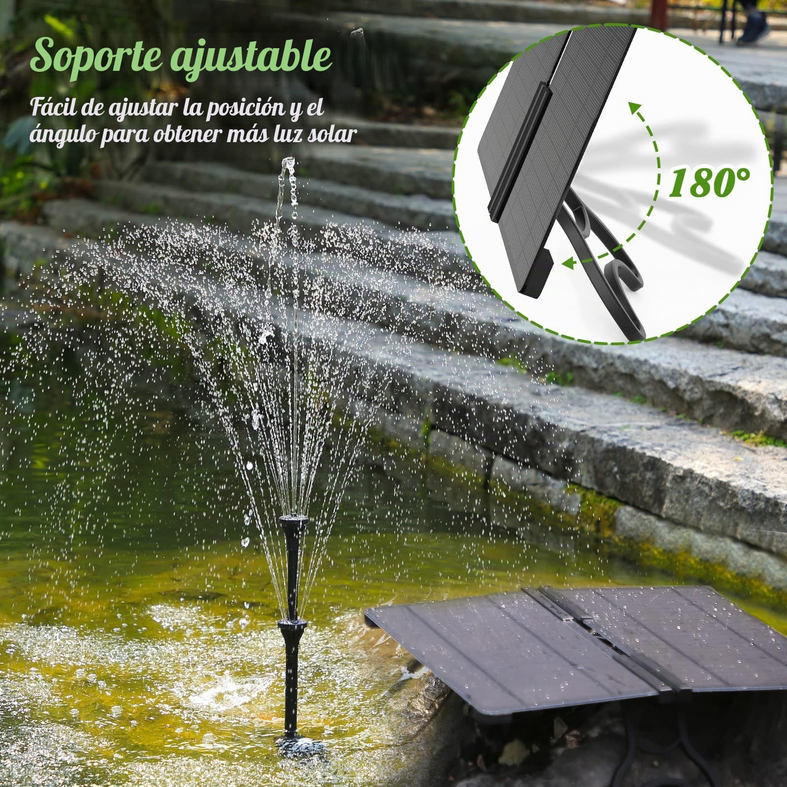 AMZtime Bomba Solar Plegable 20 W, Fuente para Estanque | Caudal Ajustable, para Jardín, Estanque y Proyectos DIY, Fuente Solar para Exteriores