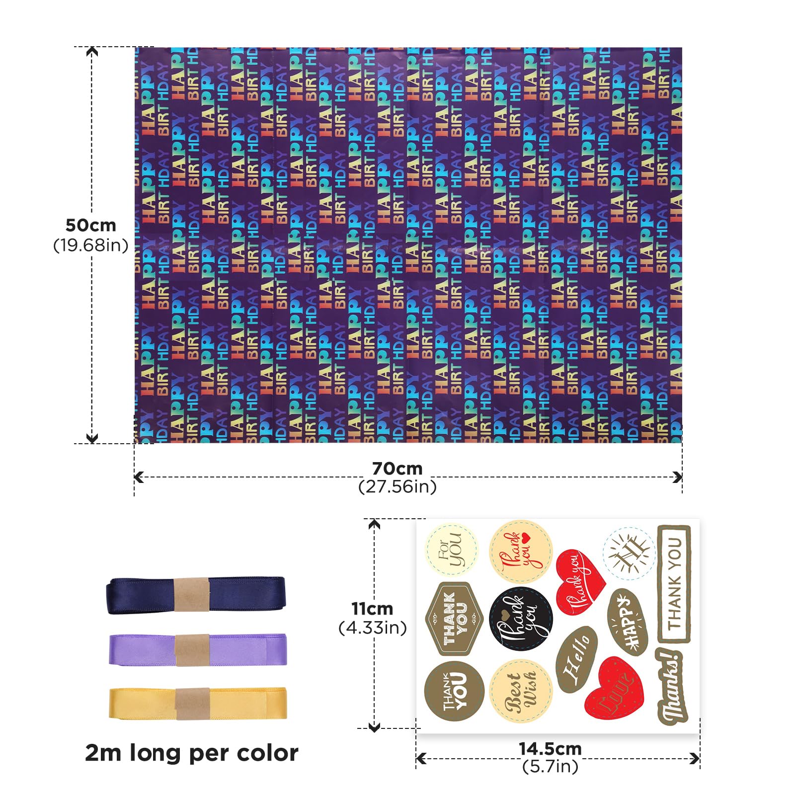 Bigqin 6 vellen cadeaubonnen voor verjaardag, 70 x 50 cm, 1 etiket, recyclebaar kraftpapier, 3 bundels van 2 m koord en dubbelzijdig plakband, meerkleurig cadeaupapier, voor geschenkverpakkingen