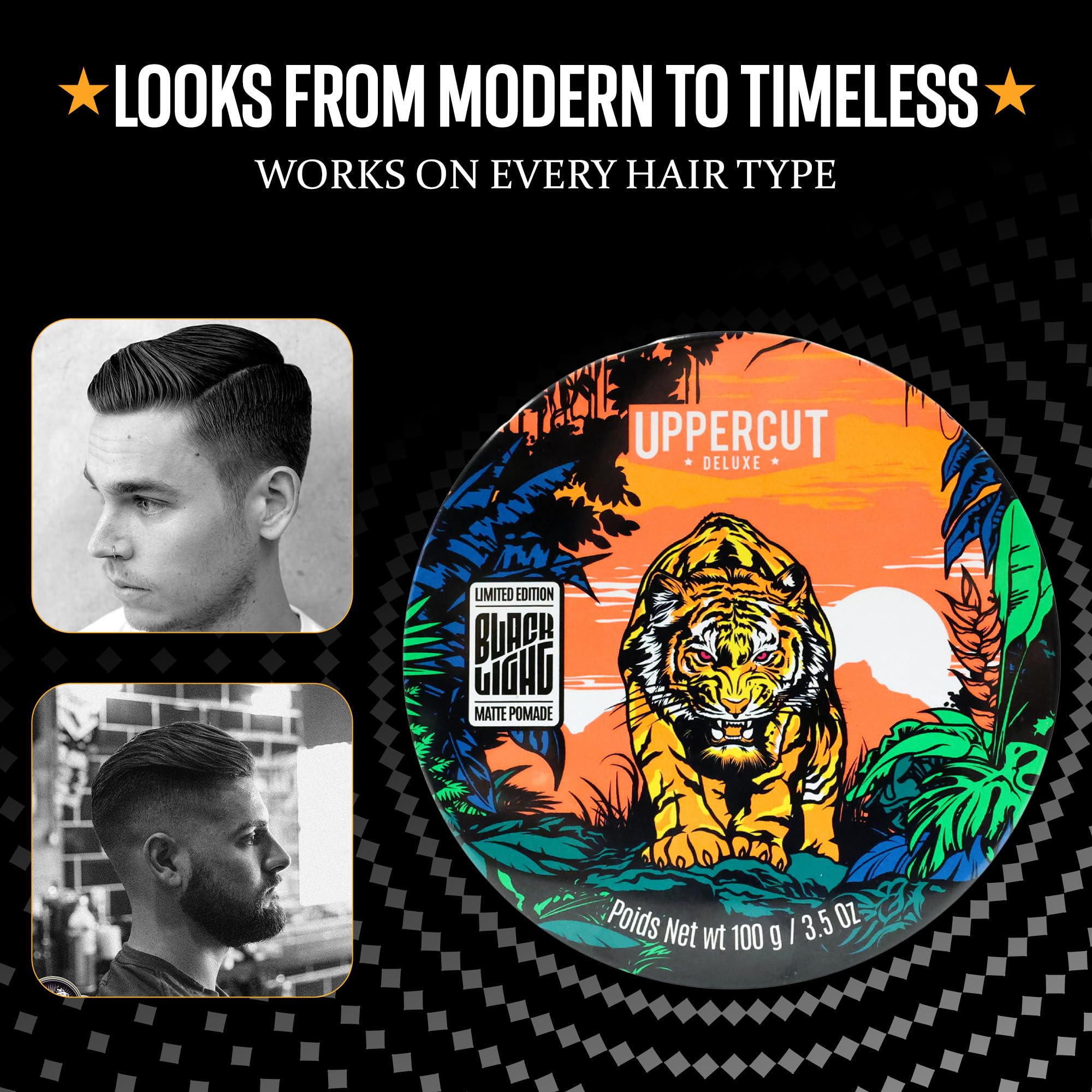 Uppercut Deluxe Matt Pomade – Blacklight Exklusive 100 g Haarpomade, Highland-Duft mit mattem Finish & Orange Fade Design Geschenkdose, Styling für langanhaltenden Halt für Männer