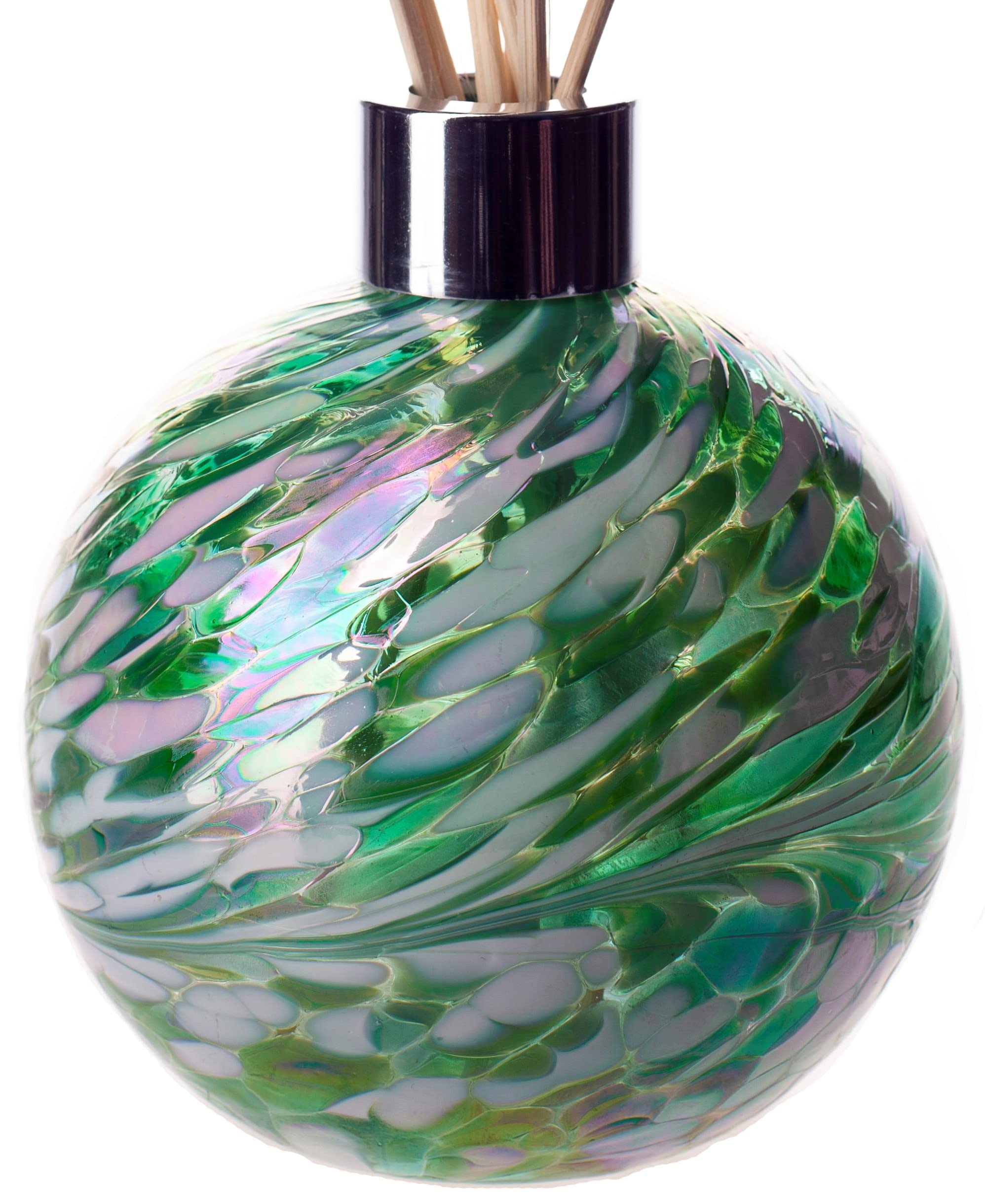 Amelia Art Glass Reed Diffuser Sphere - Mint Green & White, Height 11.5cm with reeds 25cm