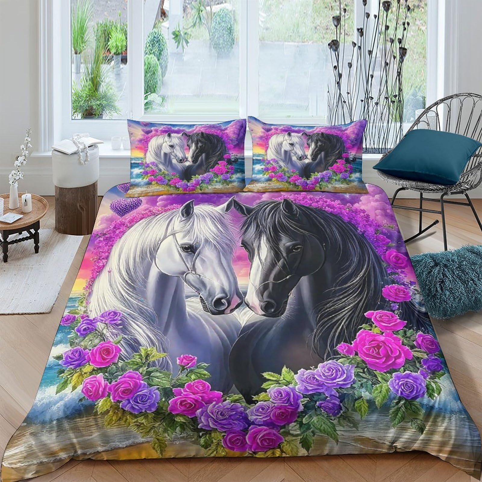 UNRXJZLVM Horse Duvet Cover 3 PCS Hotel Quality Quilt Cover Bedding Sets with Pillowcases, Zipper Closure, Hypoallergenic, Soft, Breathable Microfiber Double（200x200cm）