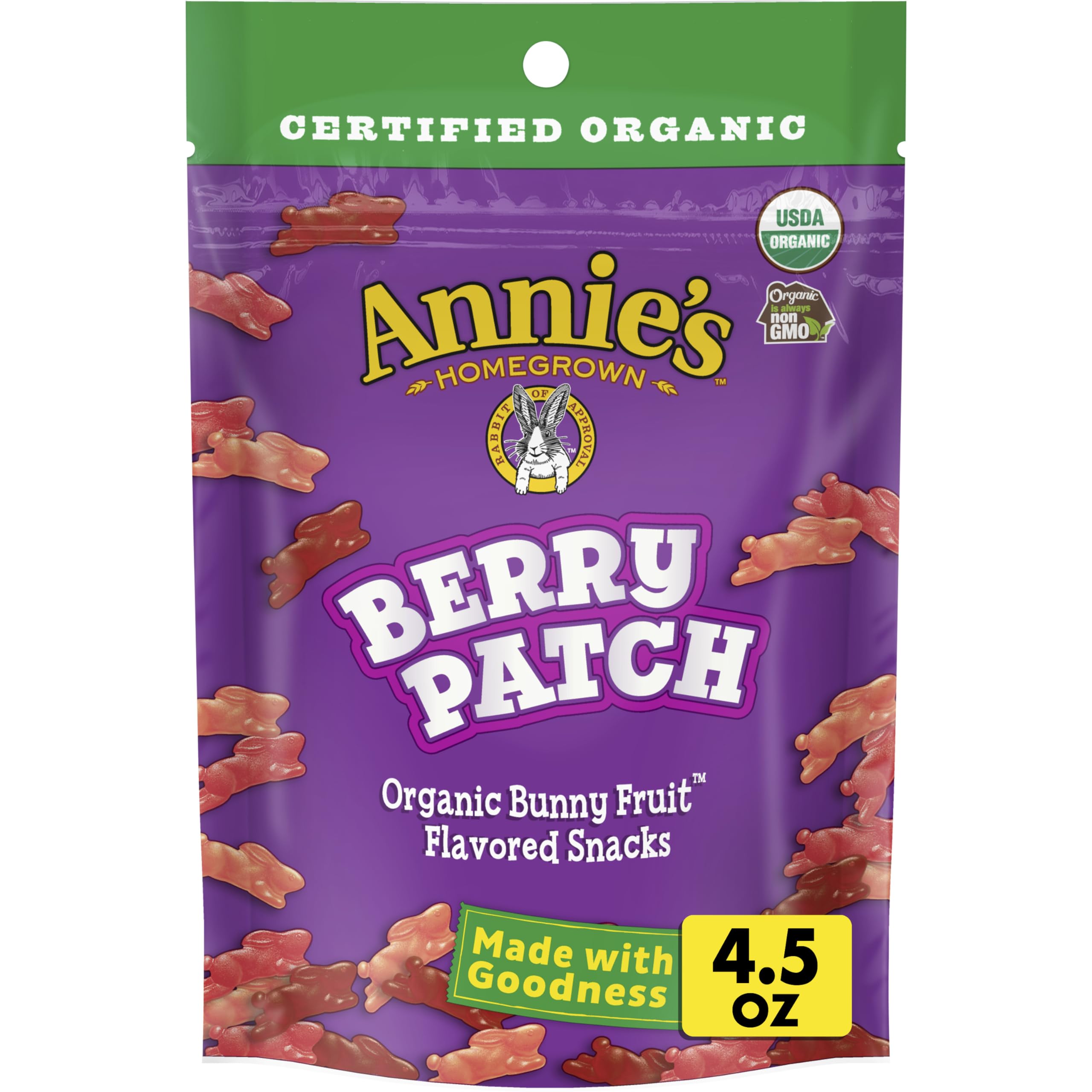 Annie's Organic Berry Patch Bunny Fruit-Flavored Snacks, Gluten Free, Resealable Pouch, 4.5 oz