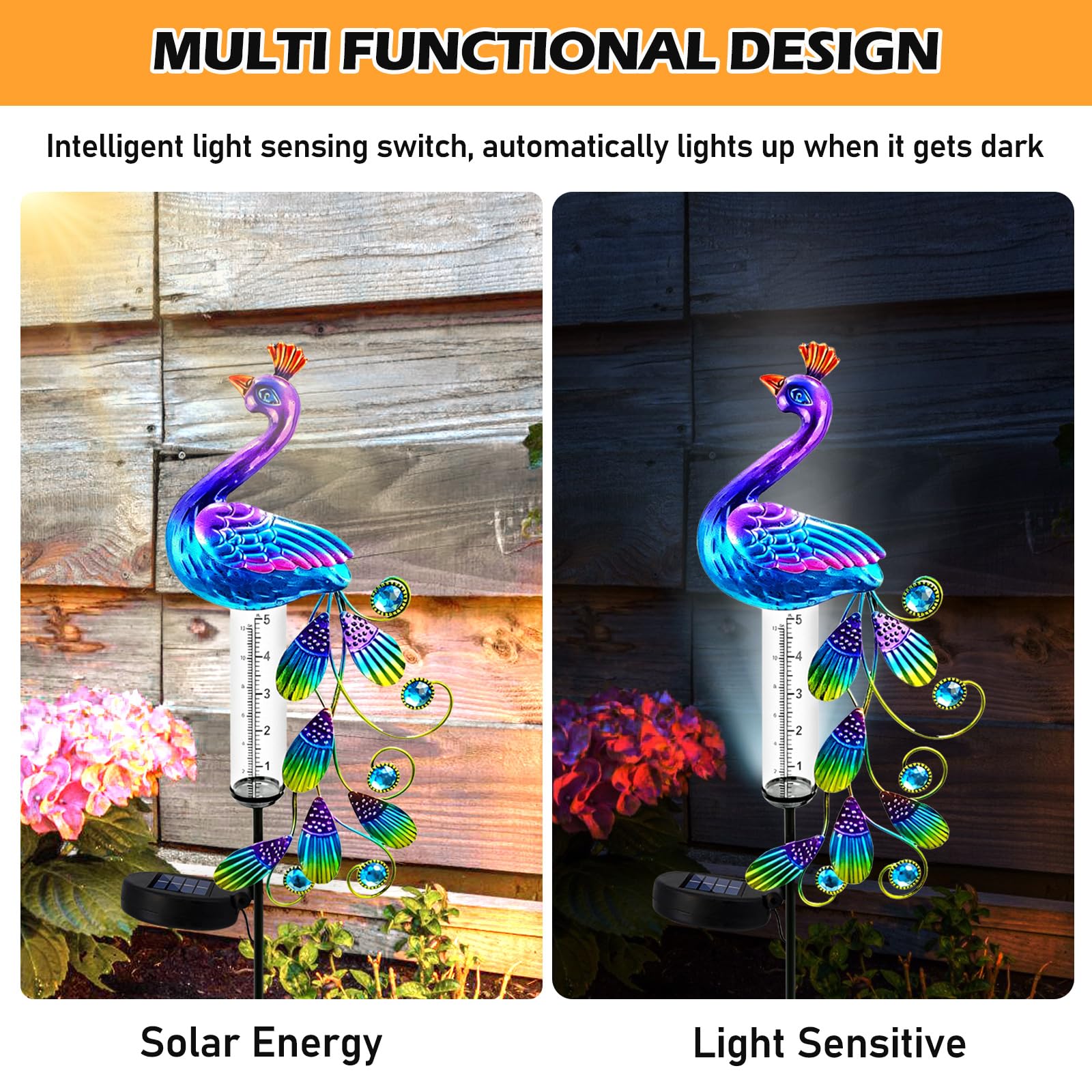 BYZESTY Pluviometre Exterieur Jardin avec LED,H 102CM Pluviomètre pour Jardin,Pluviomètre De Jardin en Verre,Pluviomètres en Verre pour Pelouse,Patio,IP55,Energie Solaire,Jardin,Cour,Terrasse