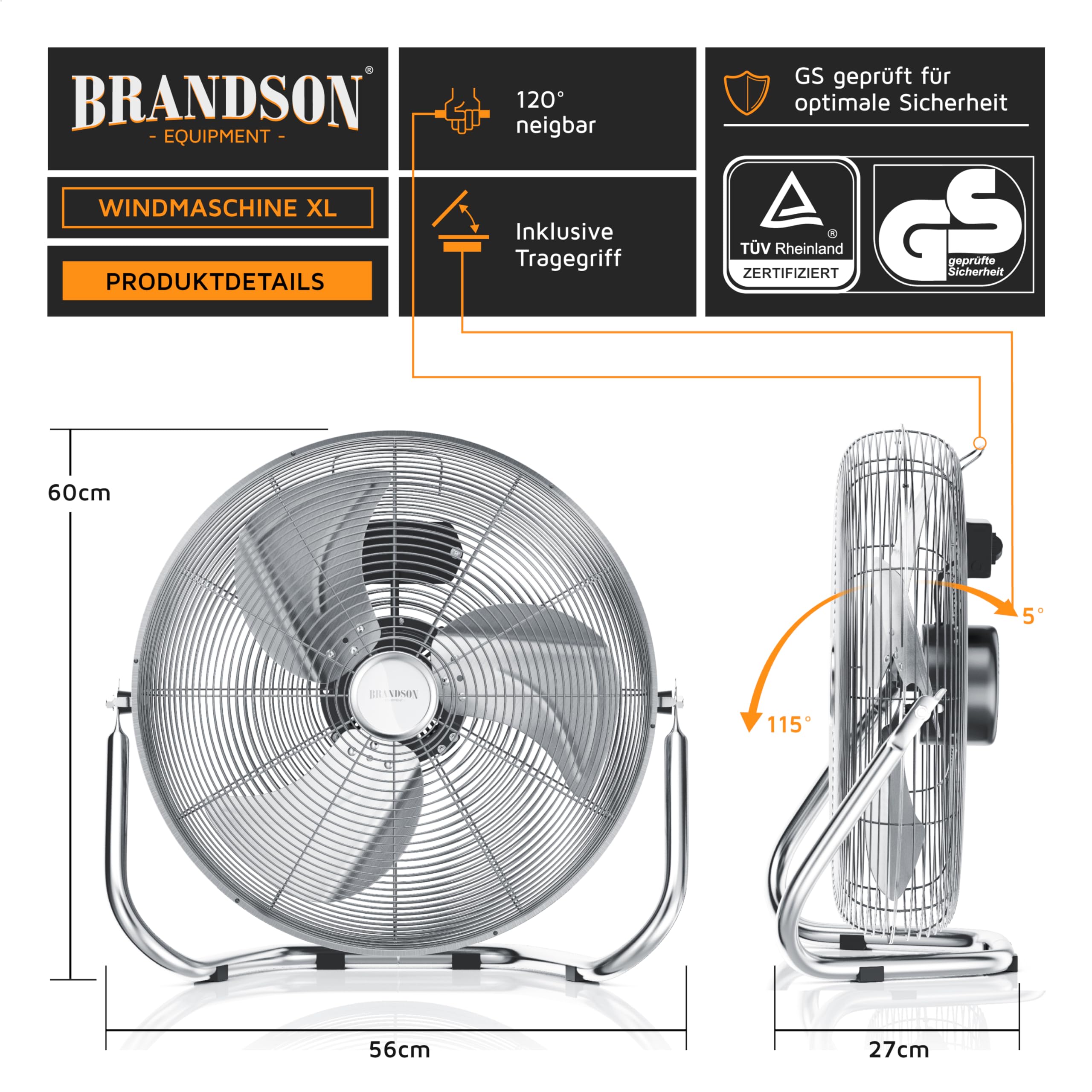 Brandson - Windmaschine Retro Stil 200 Watt - Sieger Ventilatoren und Luftkühler 2026 - Standventilator 57 cm - Bodenventilator - hoher Luftdurchsatz - stufenlos neigbarer Ventilatorkopf - GS