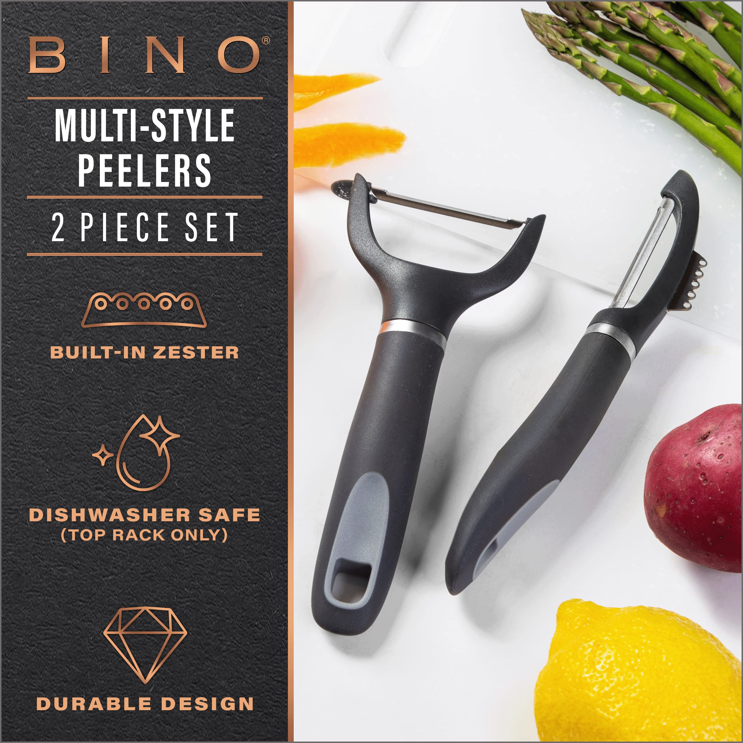 BINO Stainless Steel 2-Piece Peeler Set - Dark Grey | 1-Piece Y-Shaped + 1-Piece Swivel l Multifunctional Kitchen Grip Peelers | Fruits & Vegetables Peelers | Hand Peelers | Kitchen & Cooking Prep