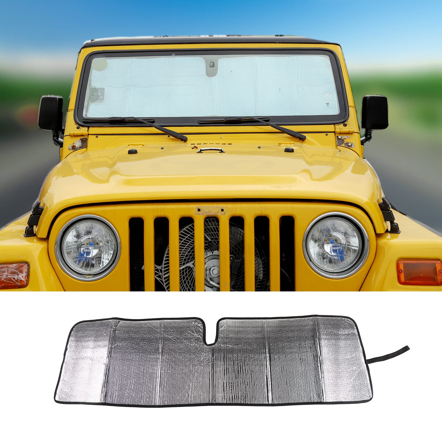 JeCar Windshield Sun Visor Foldable Sunshade Aluminum Foil Sun Shield for 2007-2018 Jeep Wrangler JK JKU & 1997-2006 Jeep Wrangler TJ LJ