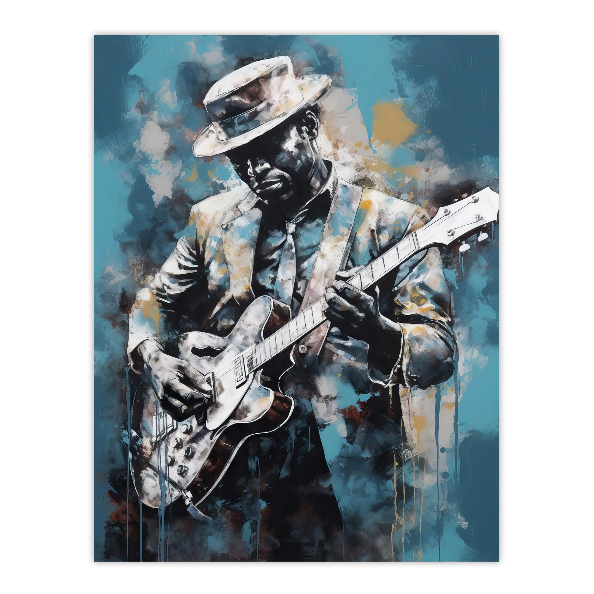 Artery8 Ragtime Blues Watercolour Artwork Musician Playing Electric Guitar Portrait Painting Large Wall Art Poster Print Thick Paper 18X24 Inch