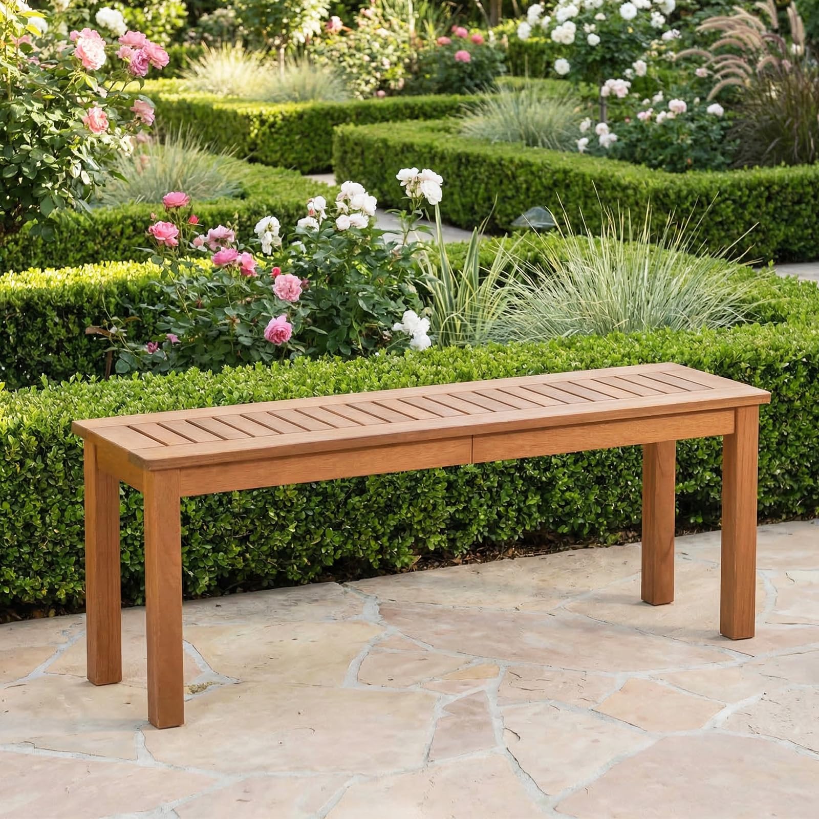 COSTWAY Gartenbank Holz Wetterfest, Sitzbank ohne Rückenlehne, 2-Sitzer Holzbank, Balkonbank aus Hartholz, Blumenbank für Garten, Balkon, Terrasse, 120 x 30,5 x 47 cm