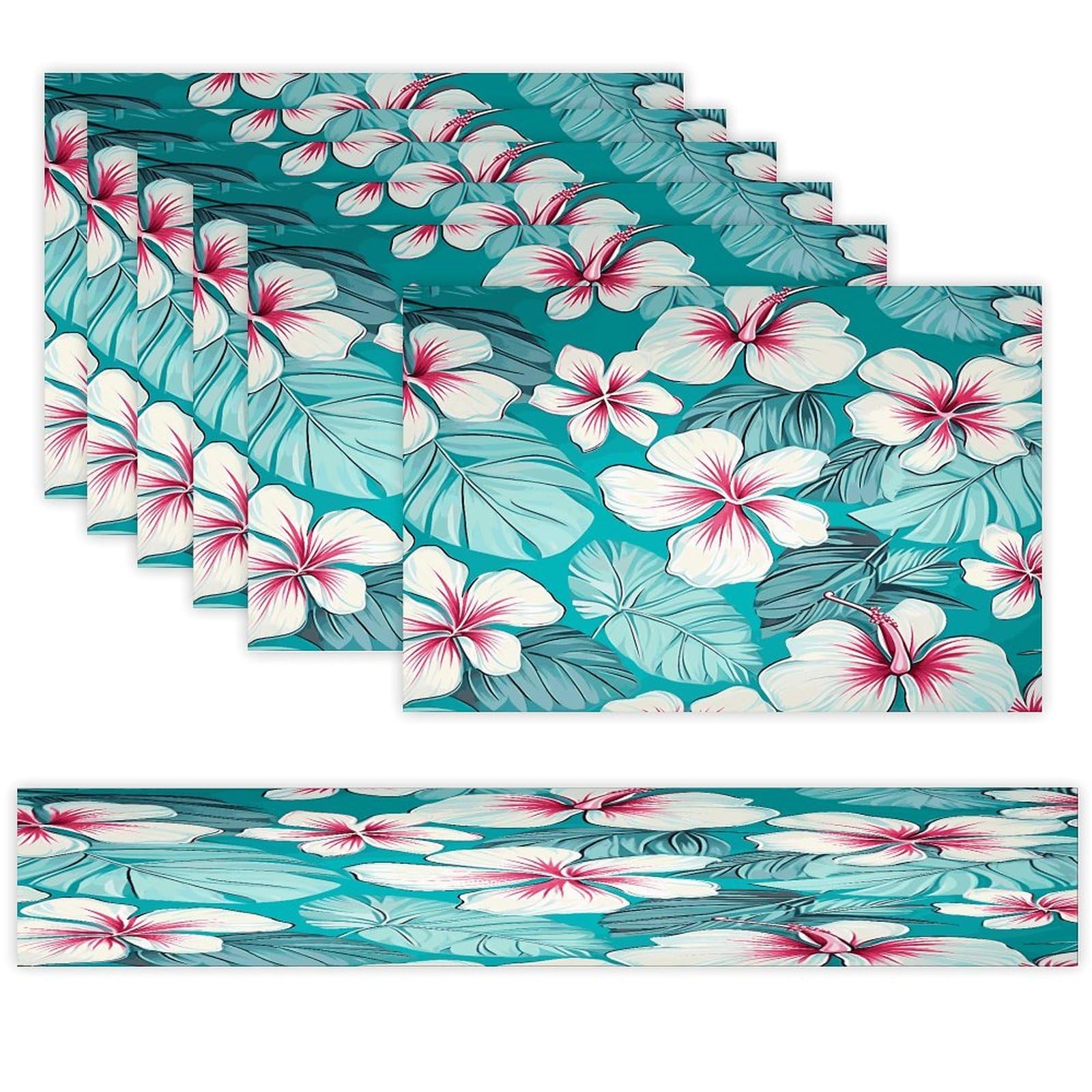 Tropical Hibiscus Flowers Table Runner and Placemats Set of 6 Wipe Clean Heat Resistant Table Mat with Table Runner Decorations Flax Linen Place Mat Set for Home Kitchen Party Supplies