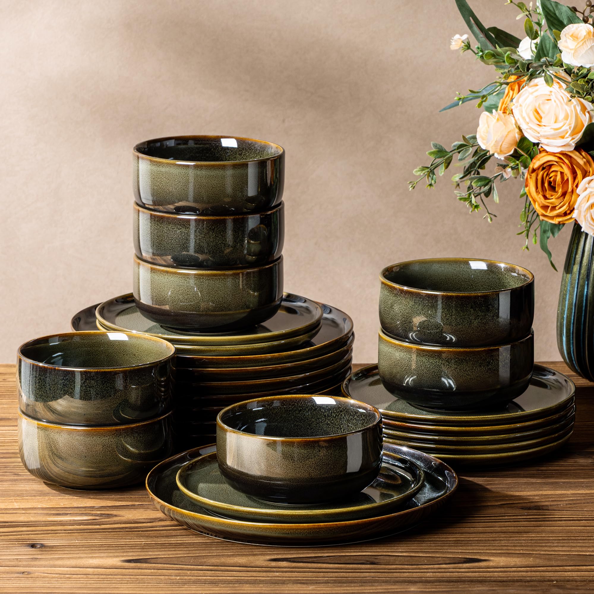 TheTerra Ceramic Dinnerware Set for 8, 24-Piece Plates and Bowls Set | Handmade Reactive Glaze Dish Set, Scratch Resistant, Oven &amp; Microwave &amp; Dishwasher Safe, Olive Green