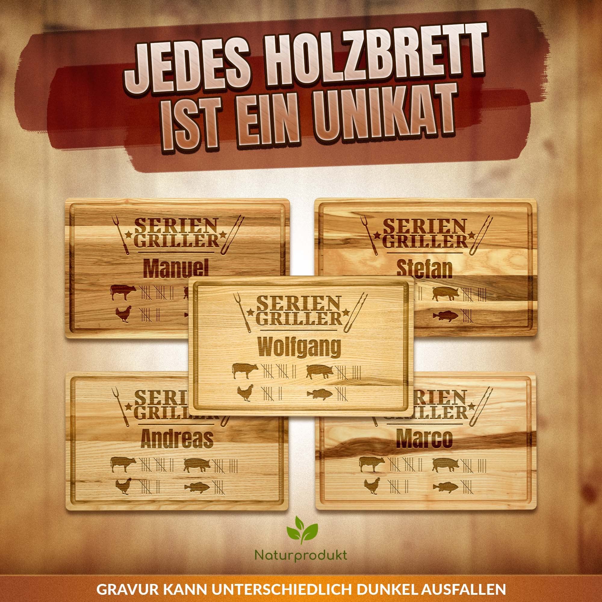 PR Print Royal Großes Holzbrett mit Gravur - Schneidebrett personalisiert mit Name - Seriengriller - Geschenke für Grillfans zum Geburtstag | Eschenholz, 40 x 25 x 2 cm, personalisiertes Geschenk