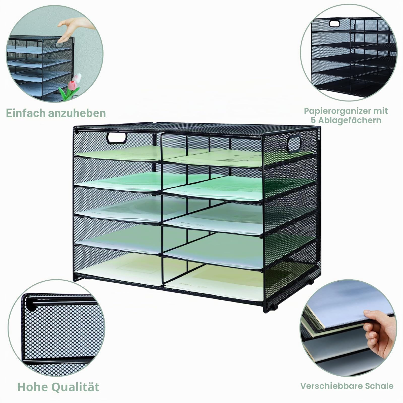 Papier-Briefablage mit Griff, 10 Etagen, Metallgitter, Schreibtisch-Organizer, A4-Papier-Schreibtisch-Ablagen für Heimbüro, Schwarz