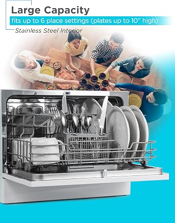 BLACK+DECKER Countertop Dishwasher, Counter Dishwasher with 6 Wash Programs, 6-Place Setting Capacity, Stainless Steel Interior, ENERGY STAR Certified, BCD6SD, White