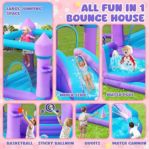 Miniatura 6 de Casa de Rebotes Inflable para Niños 3-8, Castillo Hinchable Grande Morado con Tobogán, Soplador de Aire de 480W, Espacio para Saltar, Piscina de