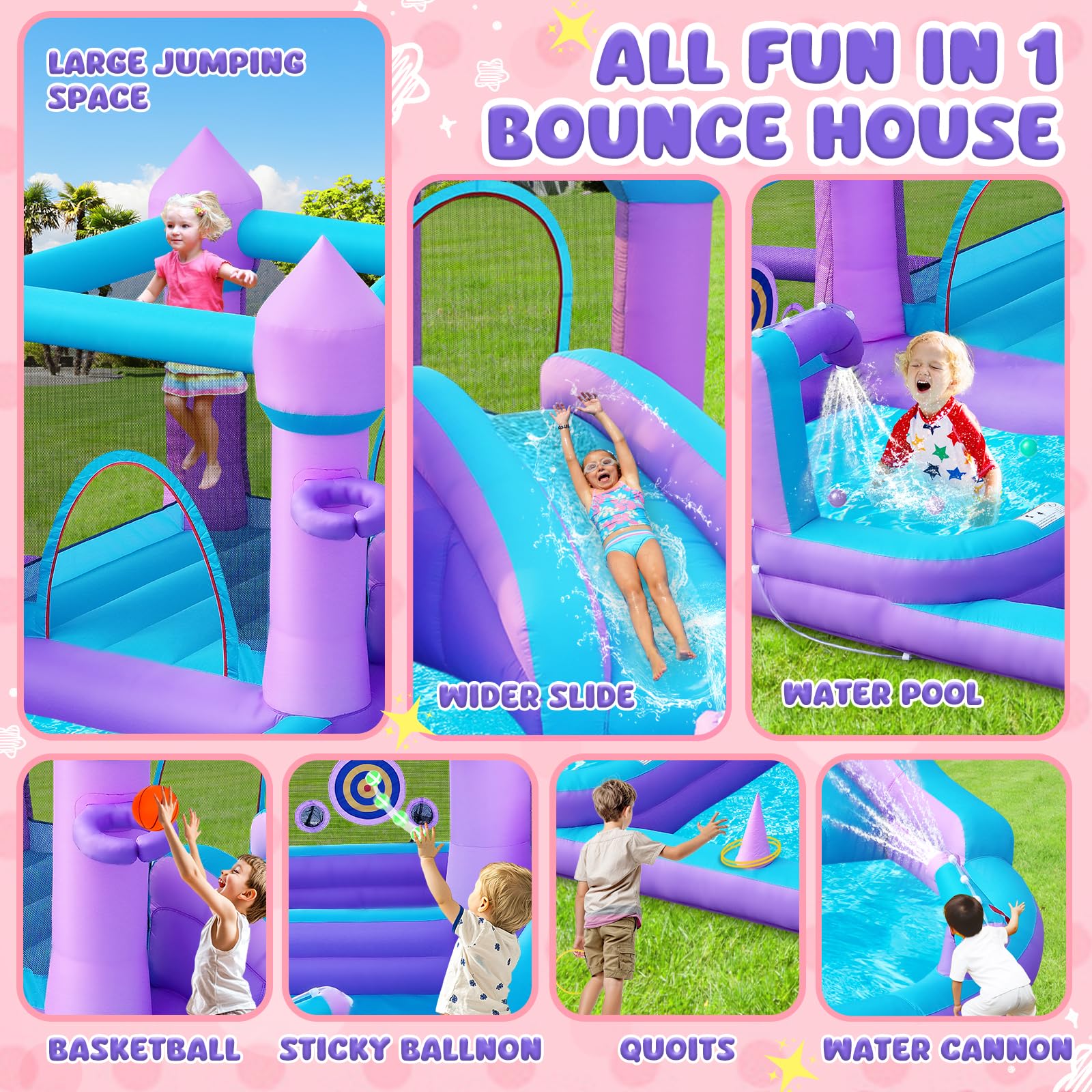 Aufblasbare Hüpfburg für Kinder von 3-8 Jahren, Lila Traumhaus mit Wasserrutsche und 480W Gebläse, Große Hüpfburg mit Sprungfläche, Bällebad, Pool, Ringwurf und Basketballkörben