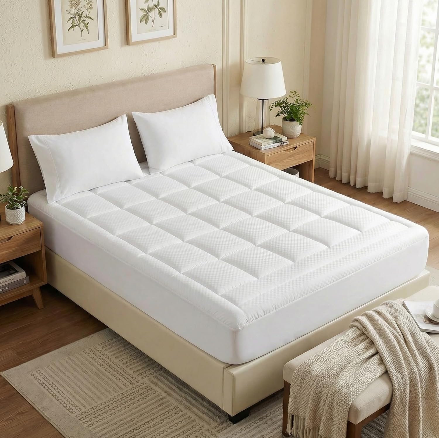 Mattress Pad King Size 18 Inch Deep Pocket Fitted Quilted Pillow top, 460GSM Overfilled Mattress Topper, Machine Washable Breathable Mattress Cover, White 78”×80”