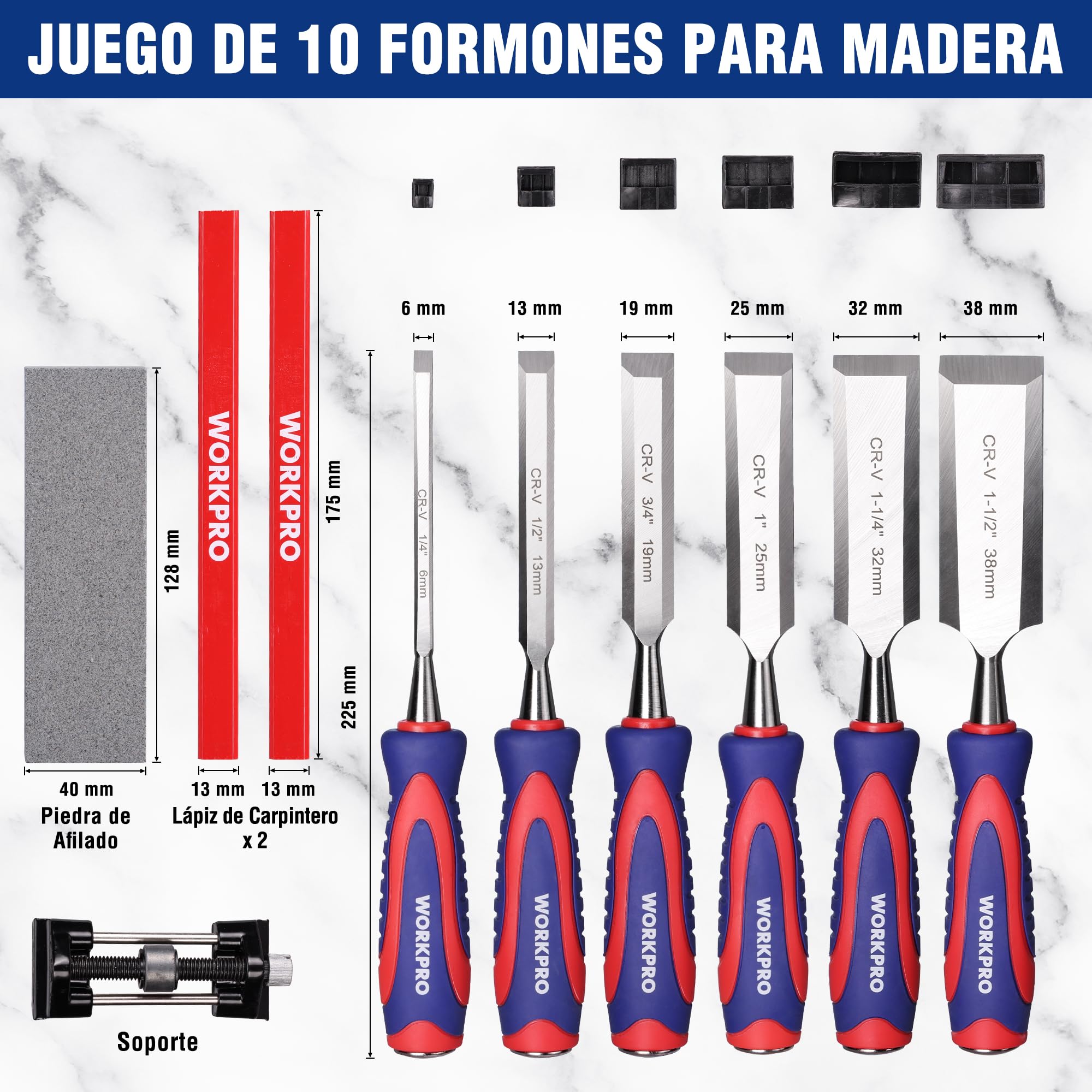 WORKPRO Juego de 10 Cinceles de Madera Cr-V con Mango Antideslizante, Estuche Compacto, Lápices de Carpintero y Piedra de Afilar – 6 Tamaños (6-38mm) para Bricolaje y Carpintería