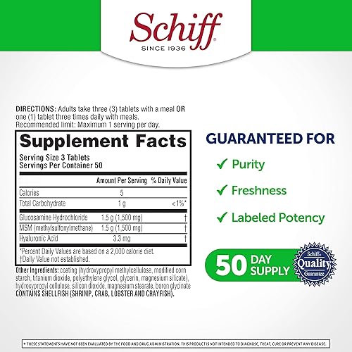 Miniatura 3 de Schiff Glucosamina 1500mg Plus MSM y ácido hialurónico, 150 comprimidos - Suplemento para articulaciones (paquete de 5)