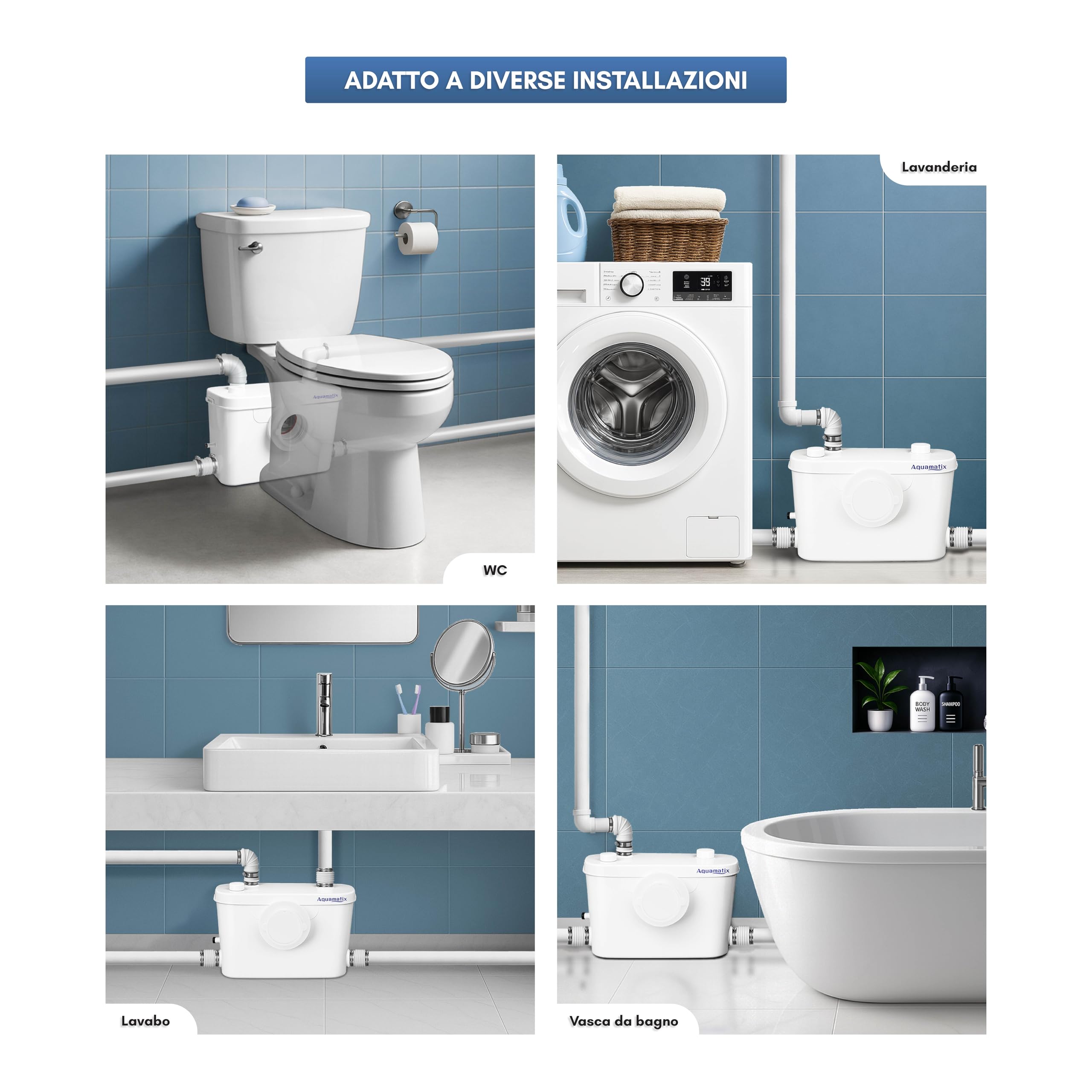 Aquamatix Trituratore Pompa Maceratore 400W Sistema di Sollevamento 100L/min 6,5m Distanza di pompaggio verticale con 3 ingressi per WC, Lavandino e Vasca da bagno con Filtro a carbone
