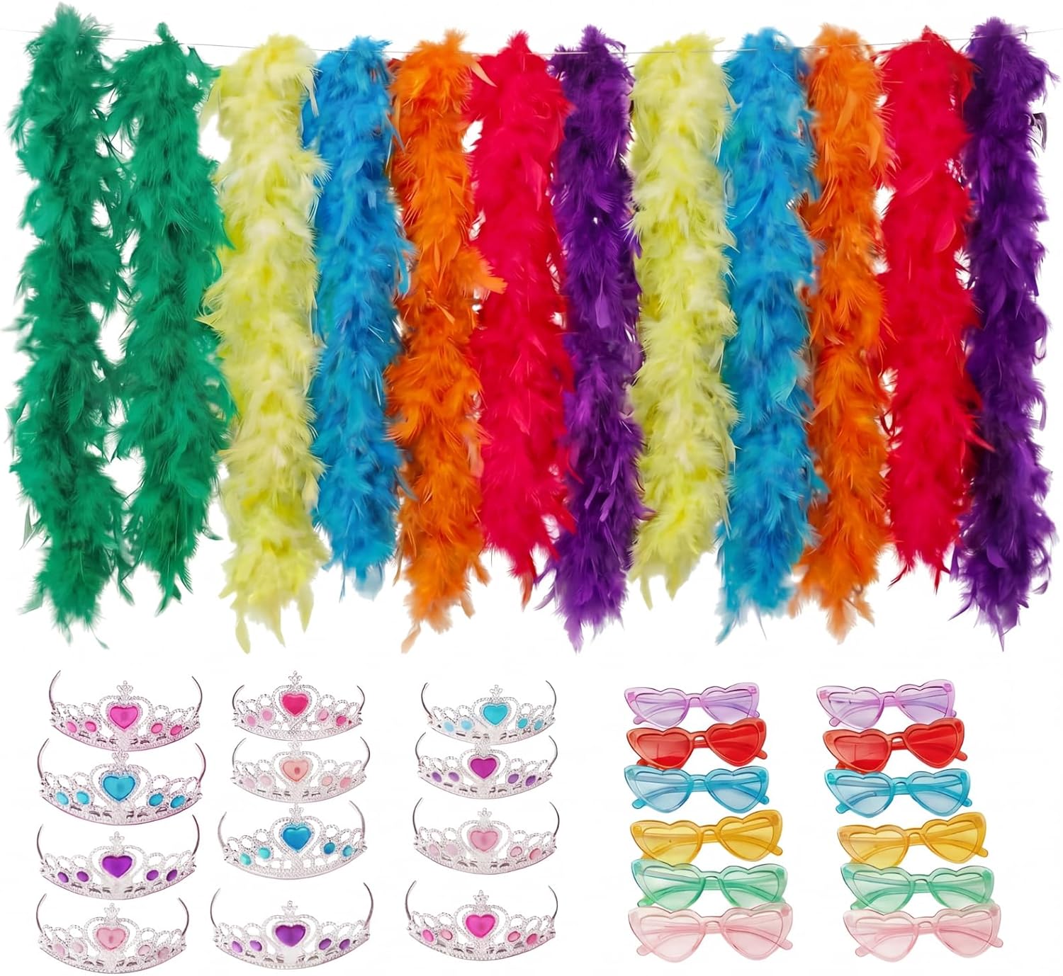 36 Pcs/12 Set Feather Boas Party Bulk Include 6 ft Fluffy Artificial Boas Colorful Tiaras Crown and Heart Sunglasses Dress up Play Set for Fancy Party Decorations Costume Wedding