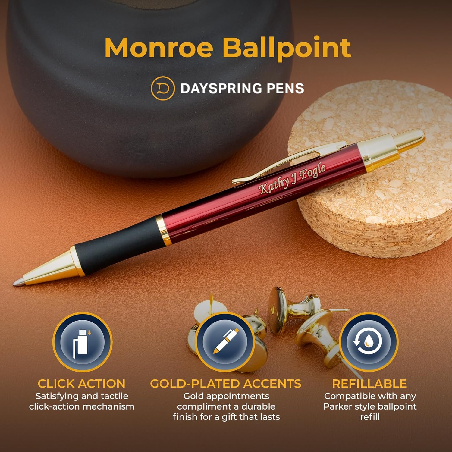 Dayspring Pens Personalized Monroe Red Ballpoint Pen | Custom Engraved Ruby Red Pen with 18k Gold Accents in Gift Box | Perfect for Anniversaries, Promotions, and Corporate Gifts | Medium Point Black